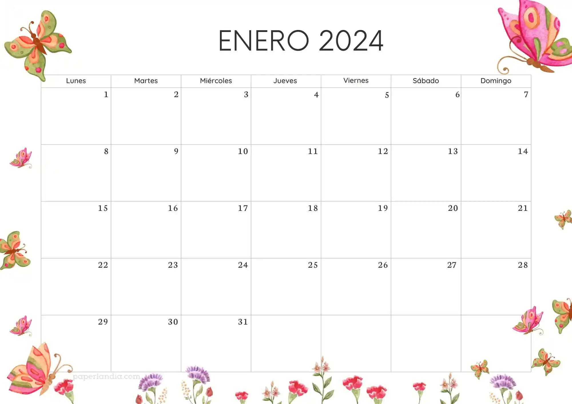 Calendario enero 2024 horizontal con mariposas