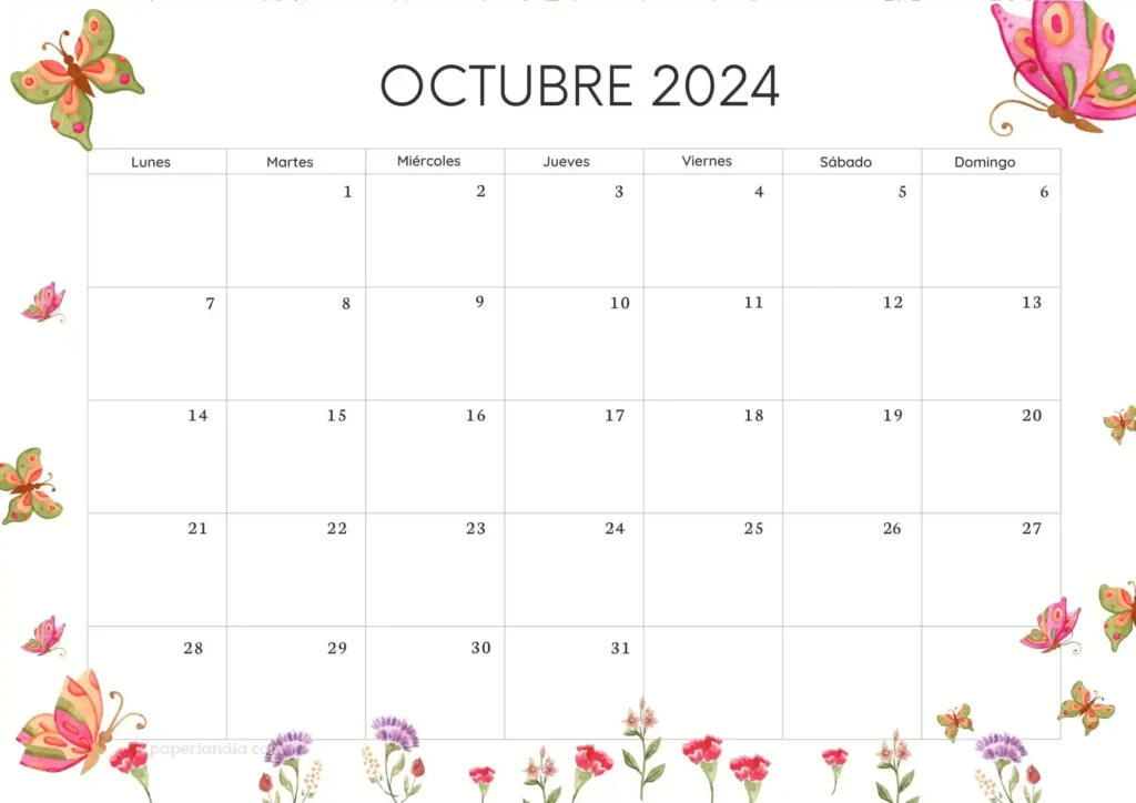 Calendario 2024 horizontal con mariposas (mes 1)