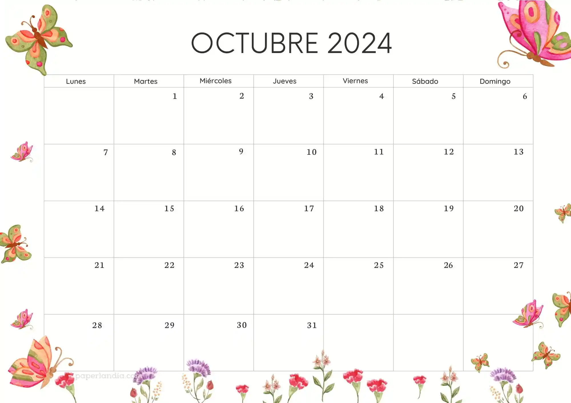 Calendario octubre 2024 horizontal con mariposas