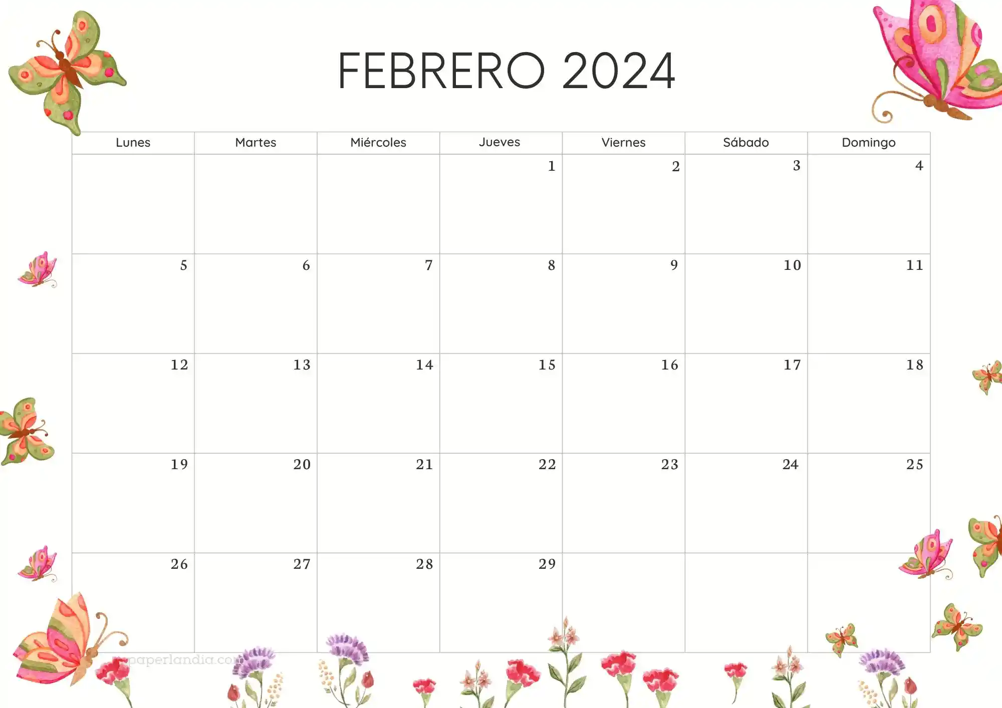 Calendario febrero 2024 horizontal con mariposas