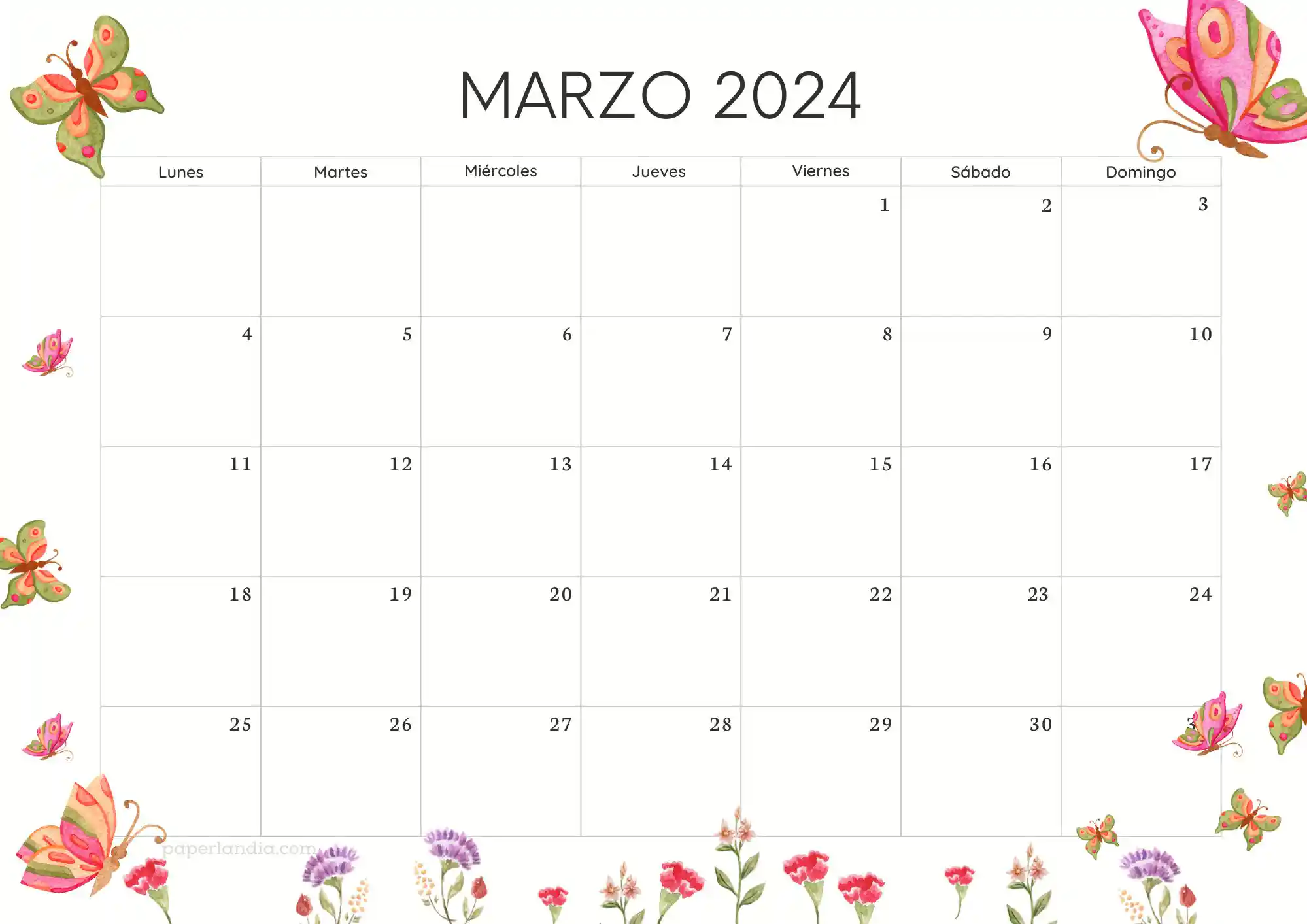 Calendario marzo 2024 horizontal con mariposas
