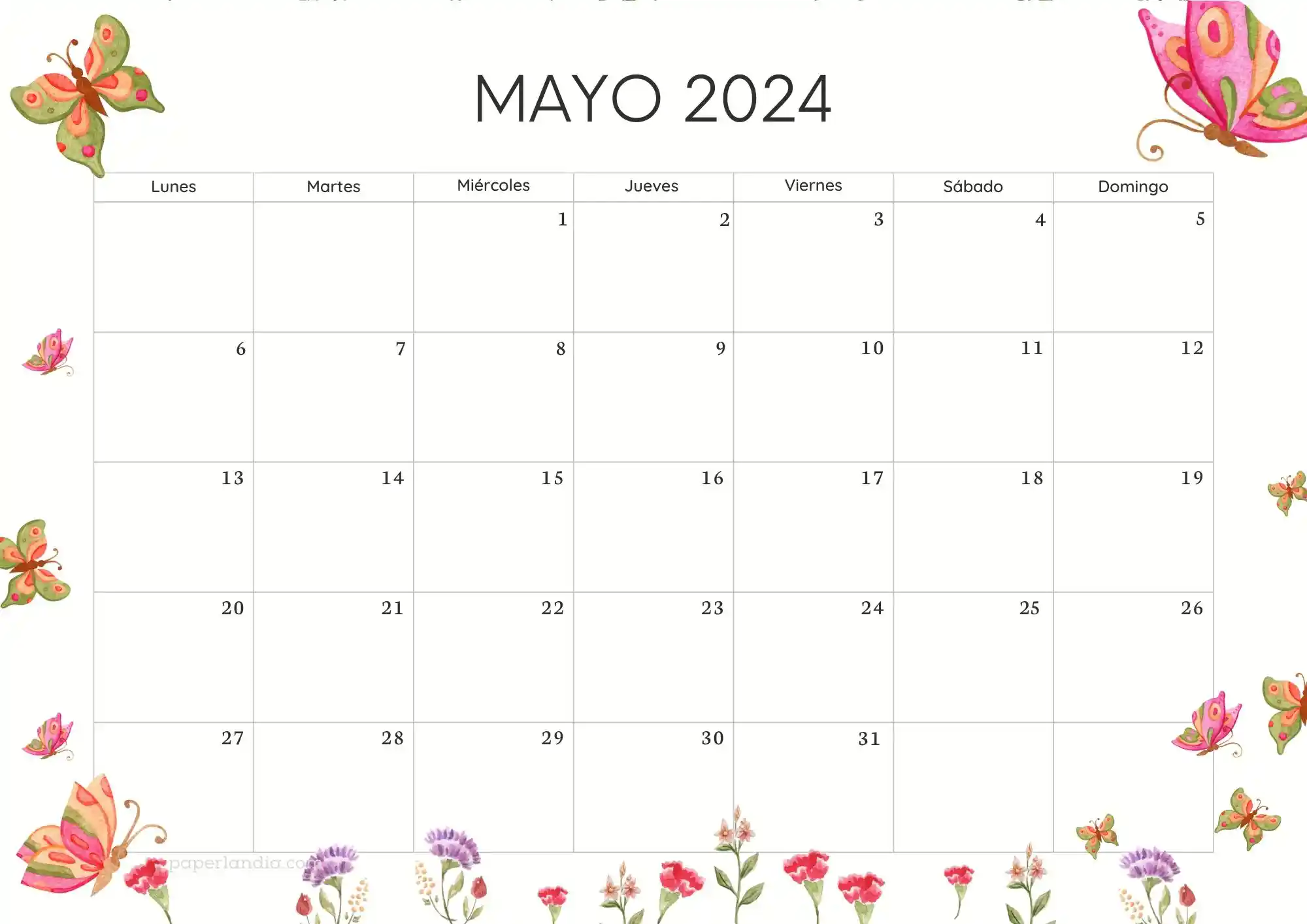 Calendario mayo 2024 horizontal con mariposas