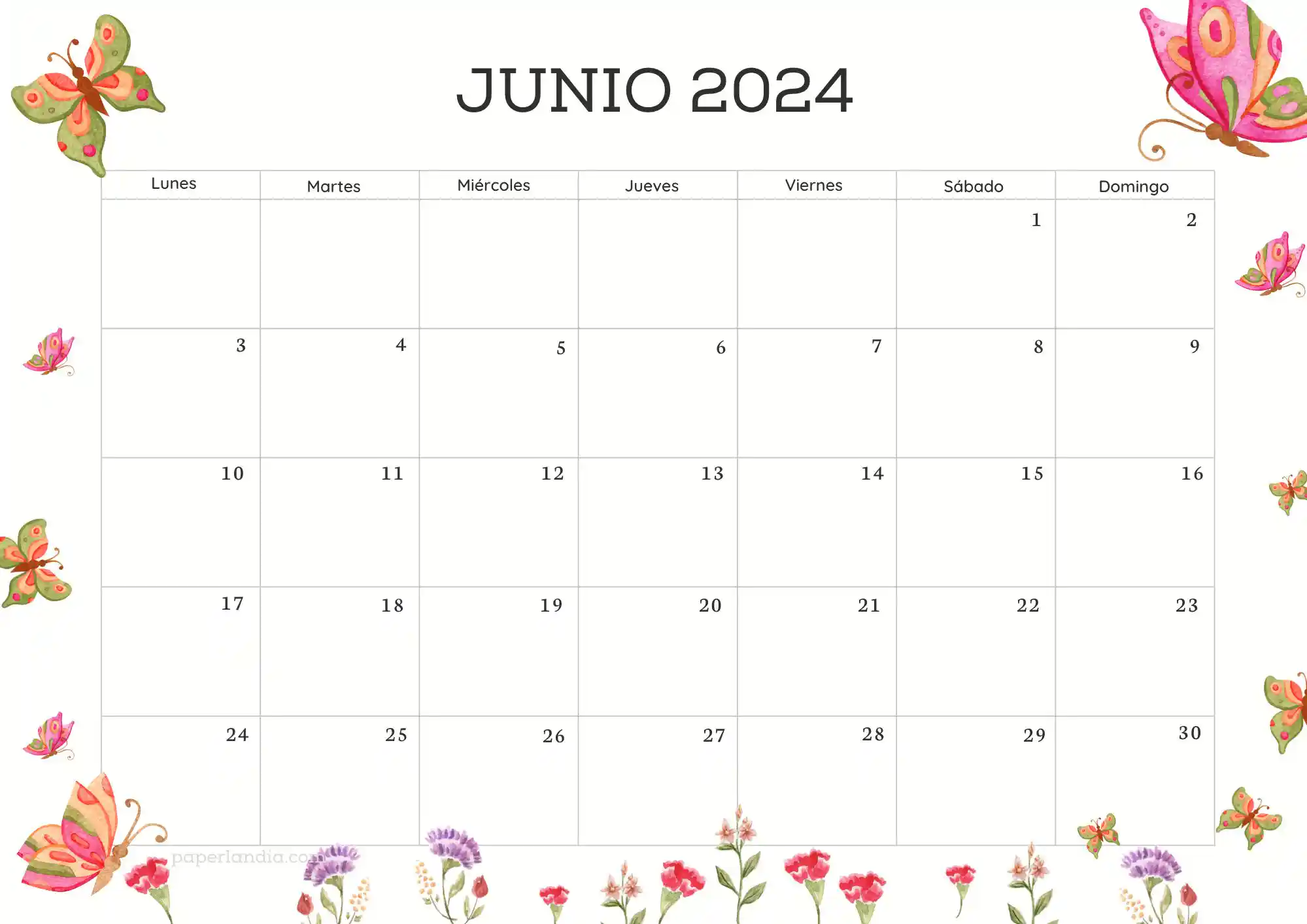 Calendario junio 2024 horizontal con mariposas