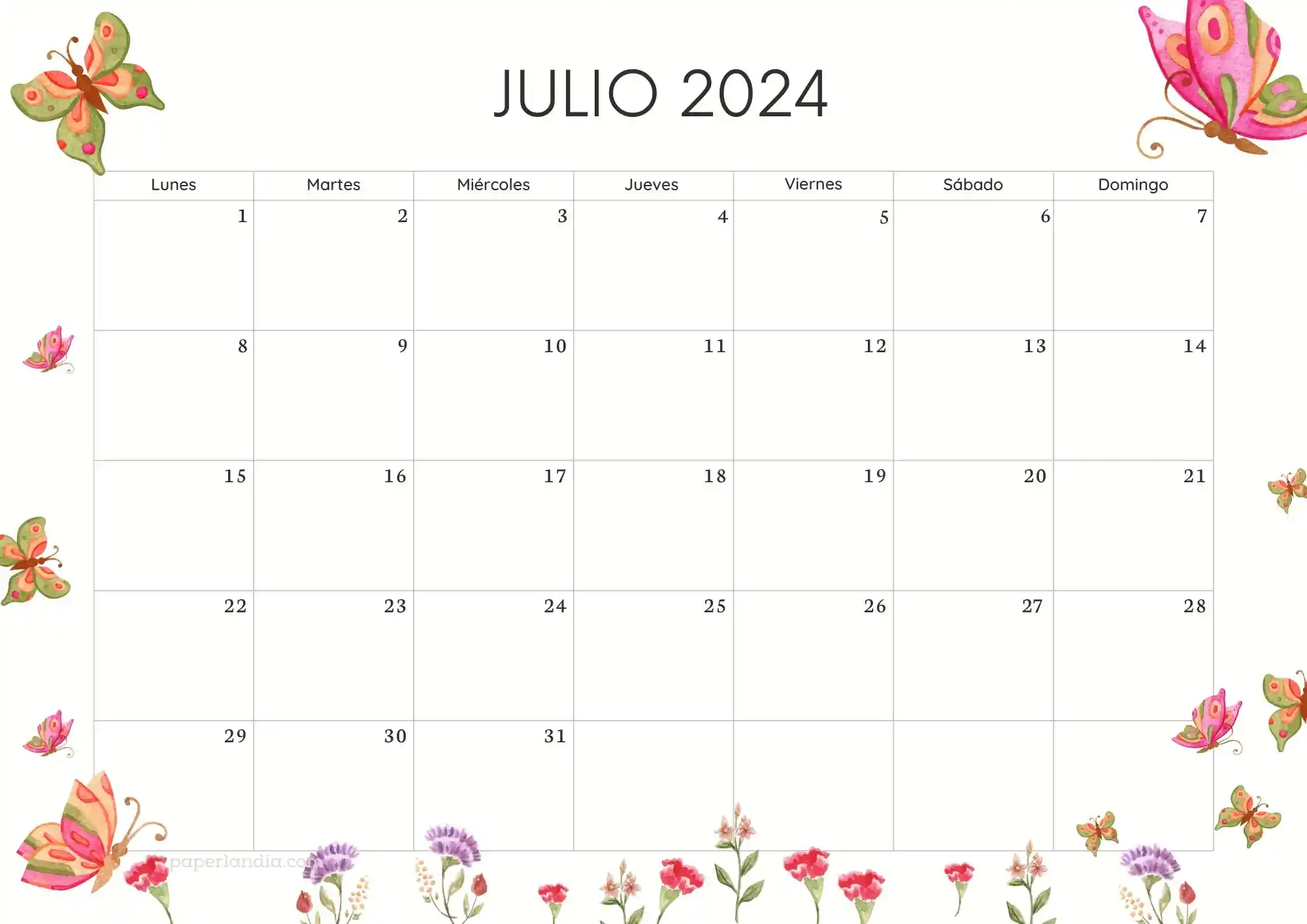 Calendario julio 2024 horizontal con mariposas