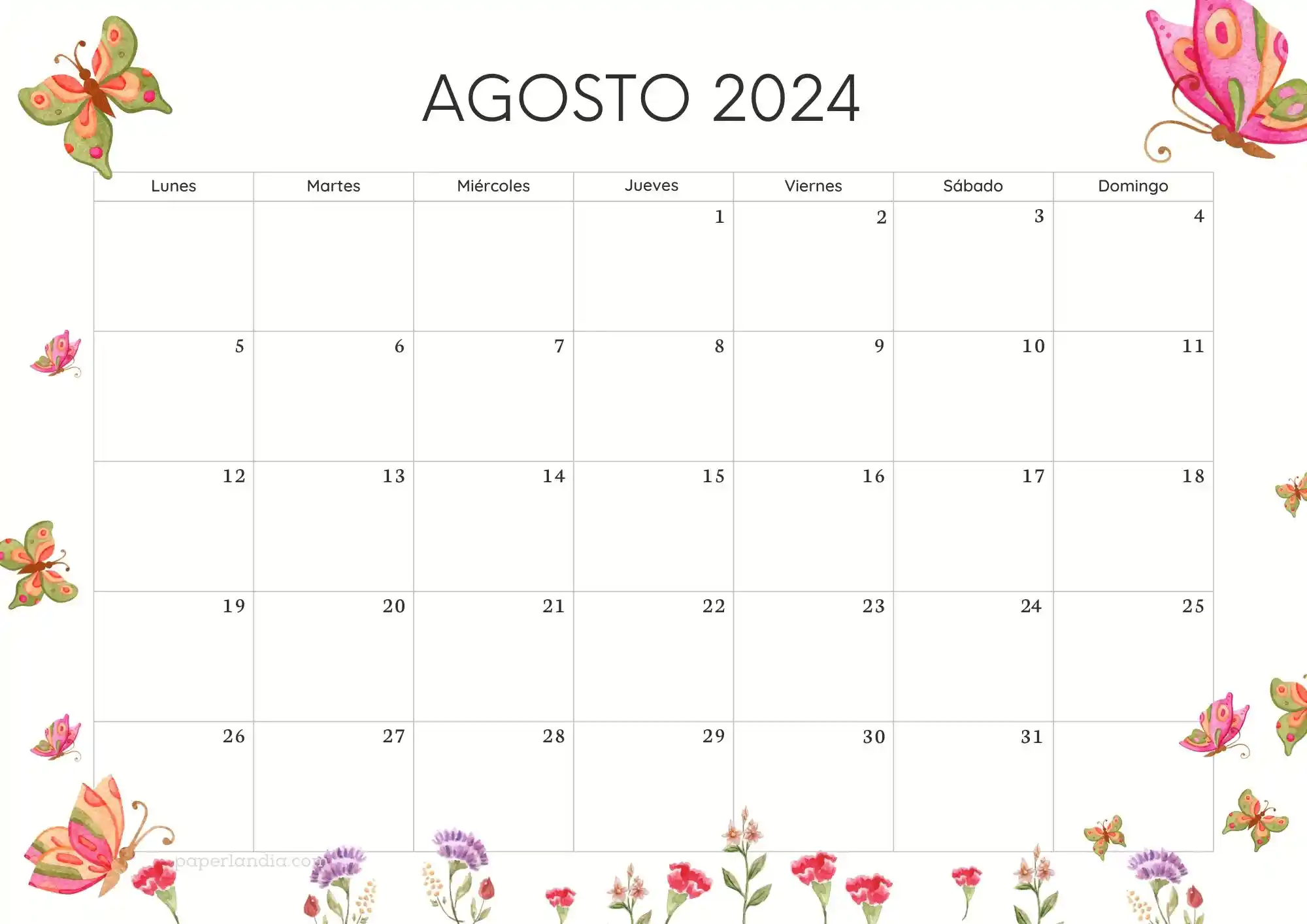 Calendario agosto 2024 horizontal con mariposas