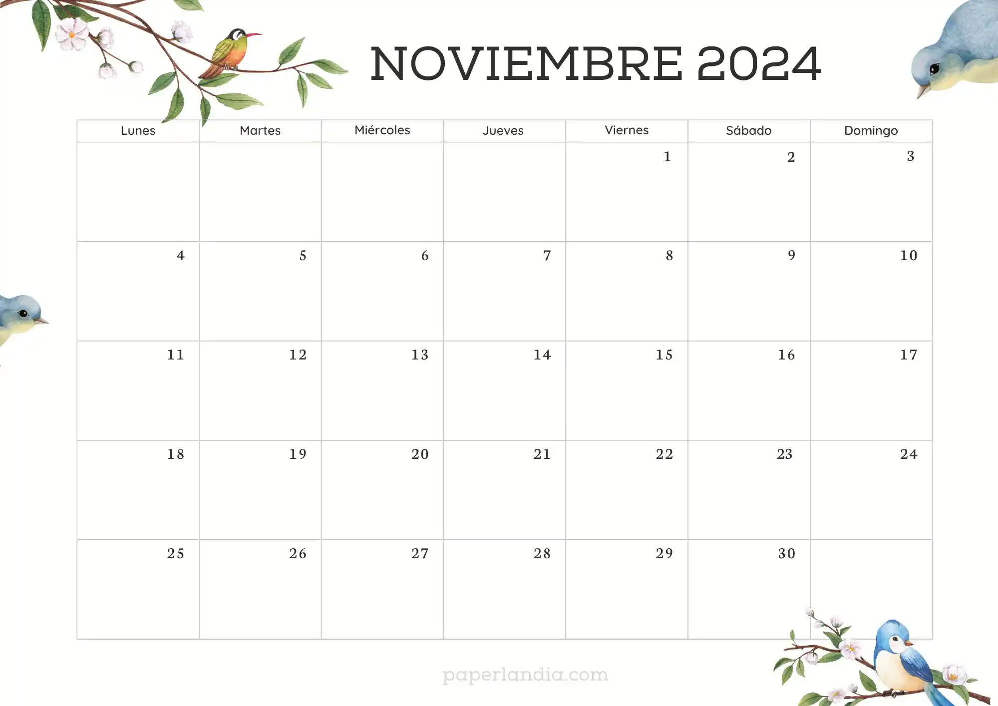 Calendario noviembre 2024 horizontal con pajaritos