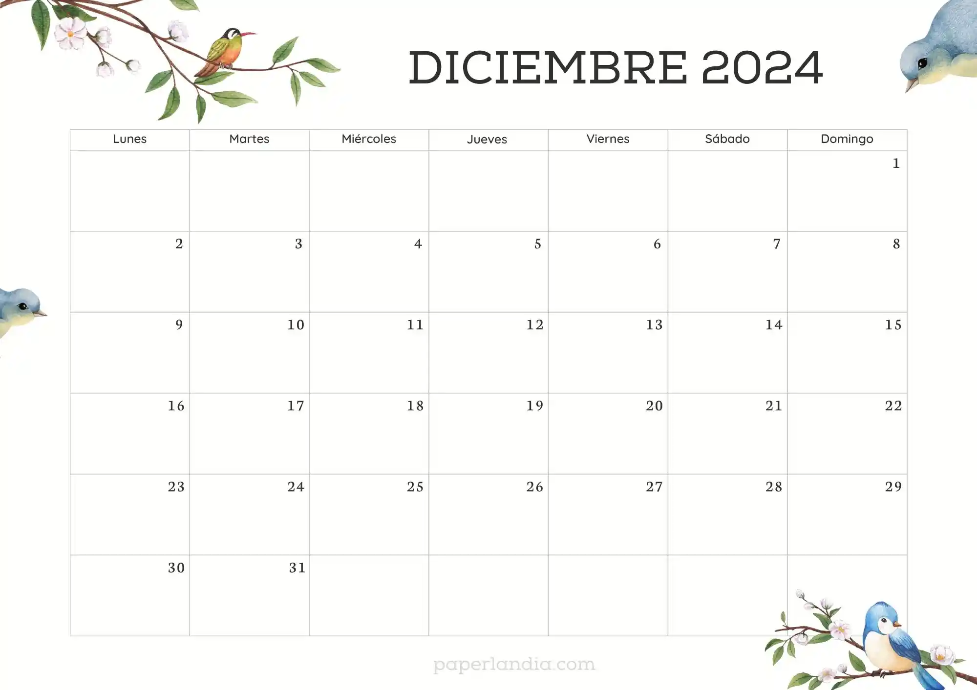 Calendario diciembre 2024 horizontal con pajaritos