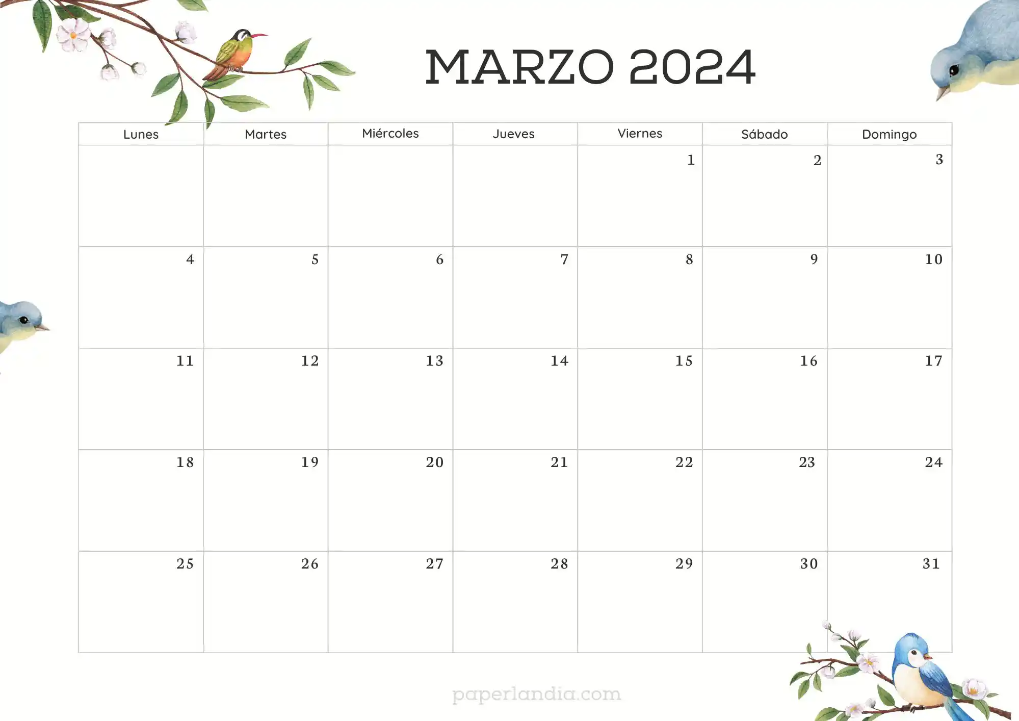 Calendario marzo 2024 horizontal con pajaritos