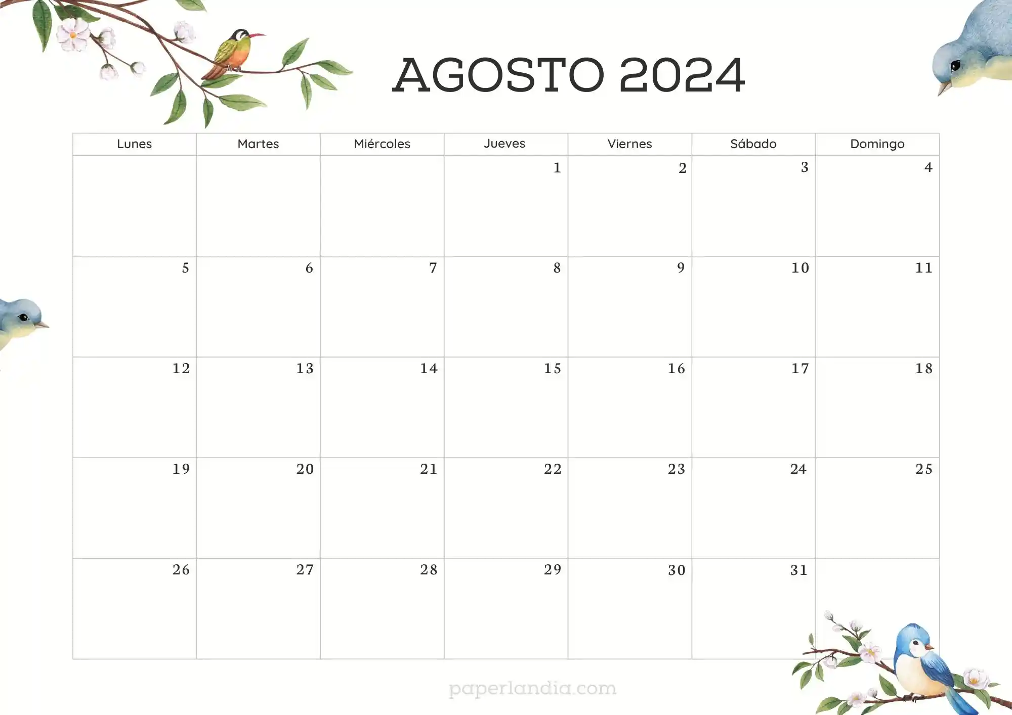 Calendario agosto 2024 horizontal con pajaritos