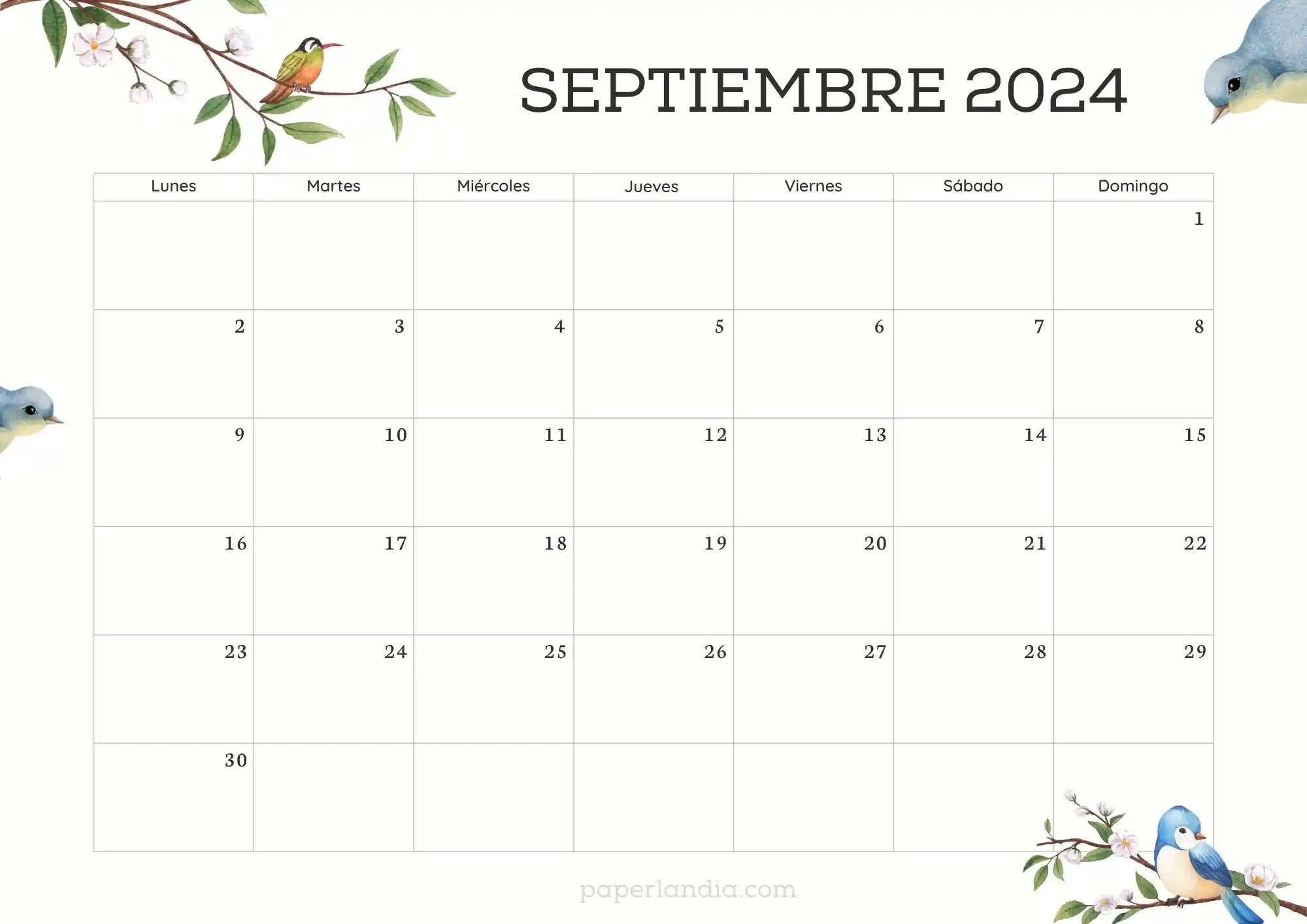 Calendario septiembre 2024 horizontal con pajaritos
