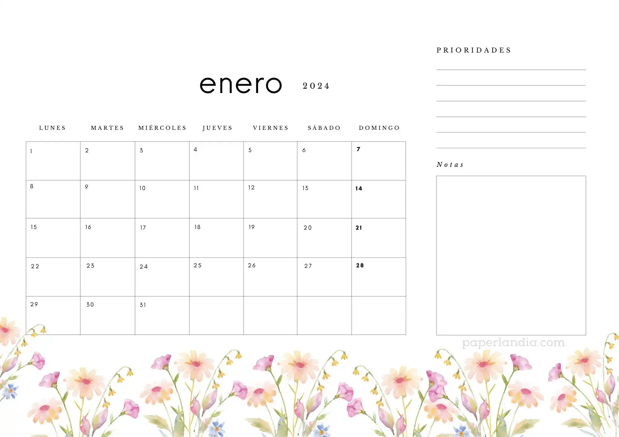 Calendario enero 2024 horizontal con prioridades notas y flores de campo