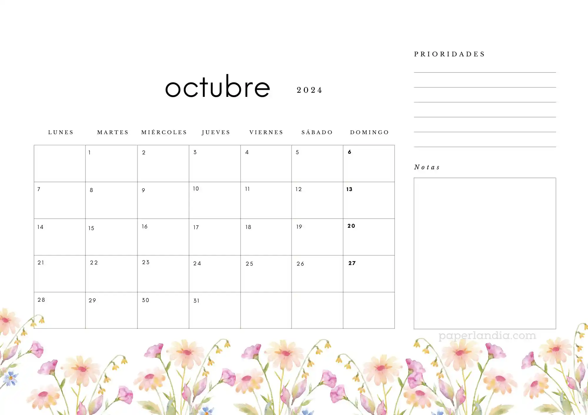 Calendario octubre 2024 horizontal con prioridades notas y flores de campo