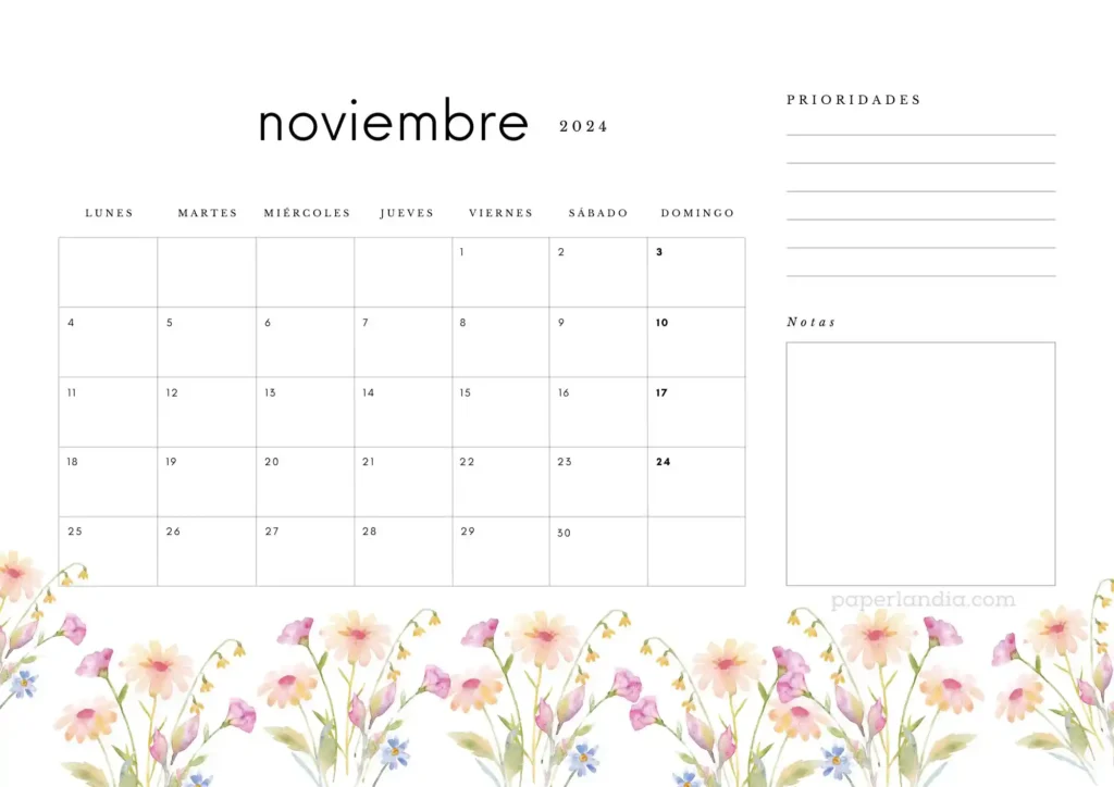 Calendario mensual 2024 con notas y flores de campo