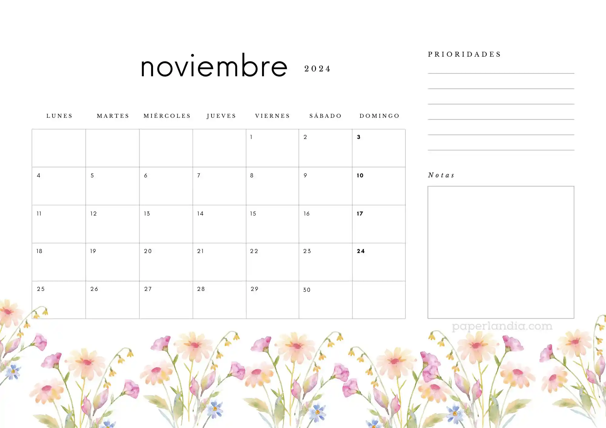 Calendario noviembre 2024 horizontal con prioridades notas y flores de campo