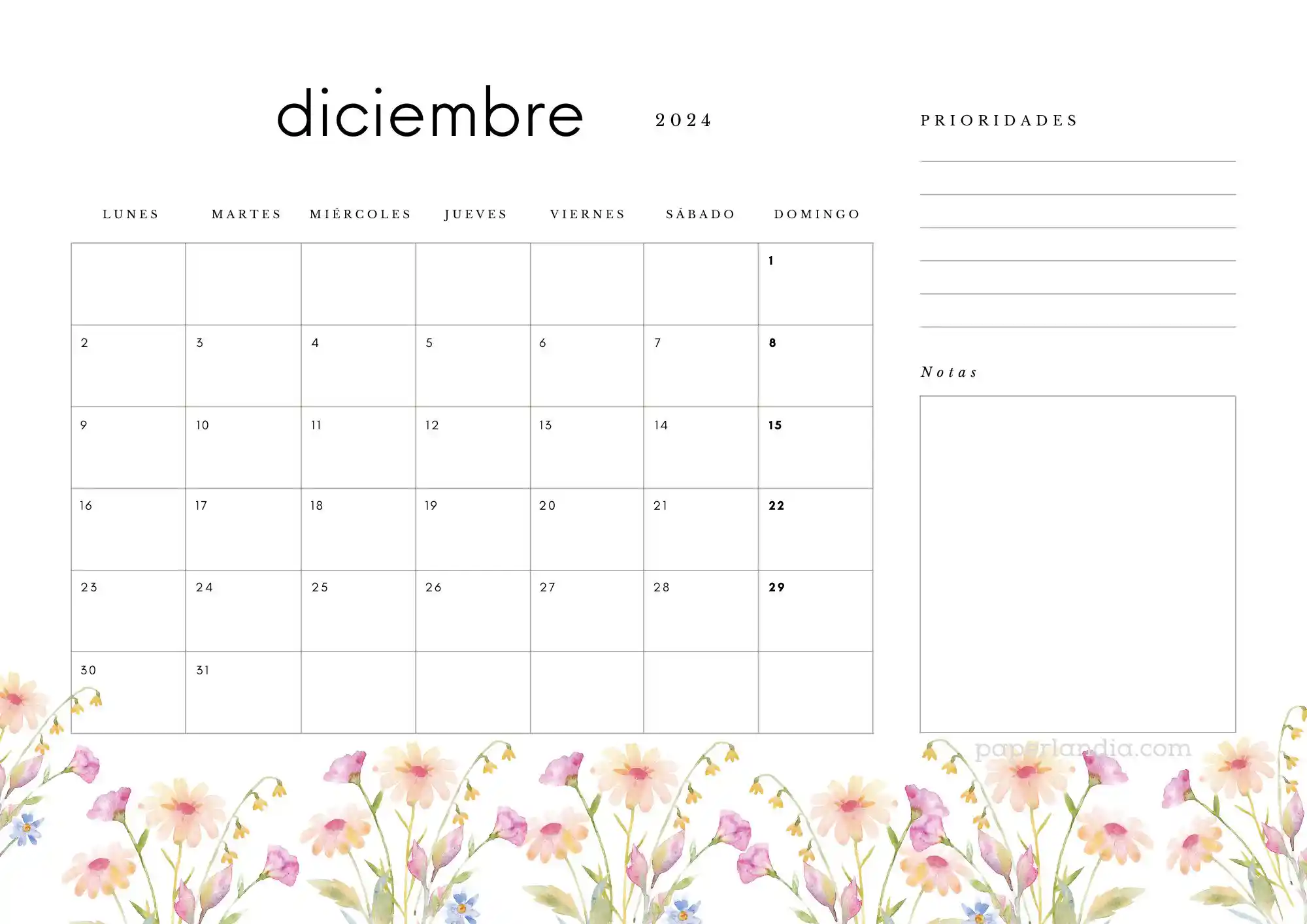 Calendario diciembre 2024 horizontal con prioridades notas y flores de campo
