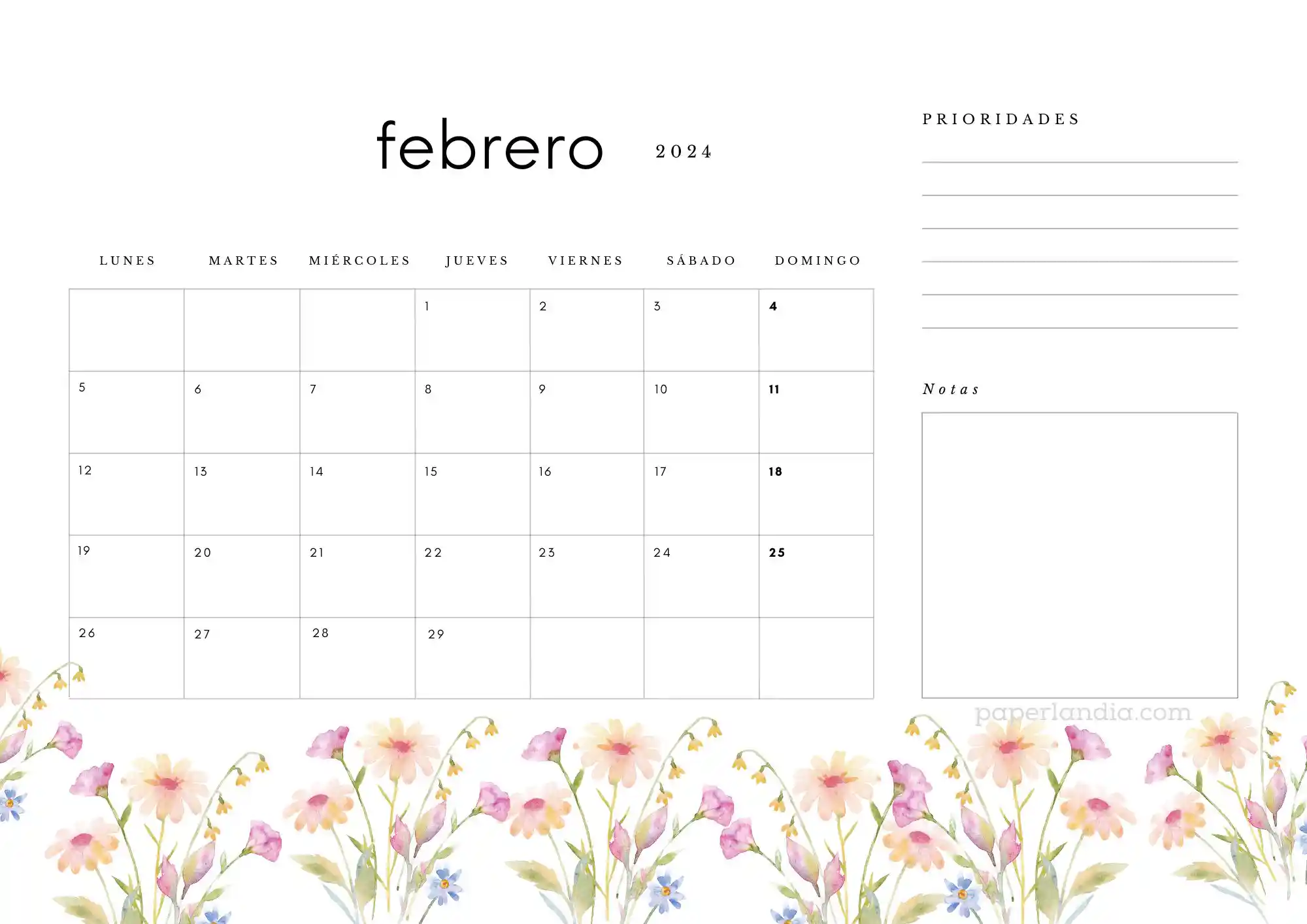 Calendario febrero 2024 horizontal con prioridades notas y flores de campo