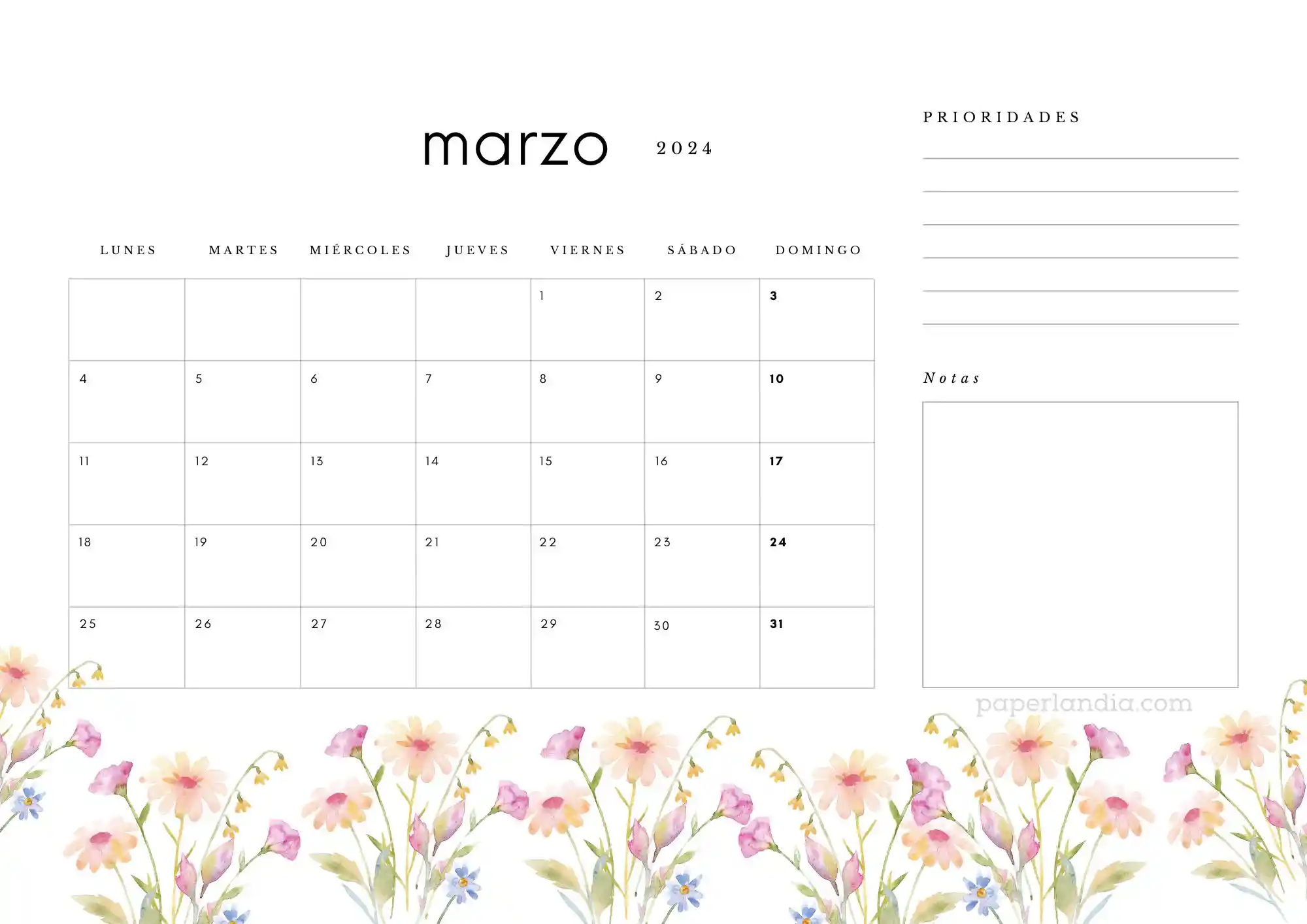 Calendario marzo 2024 horizontal con prioridades notas y flores de campo