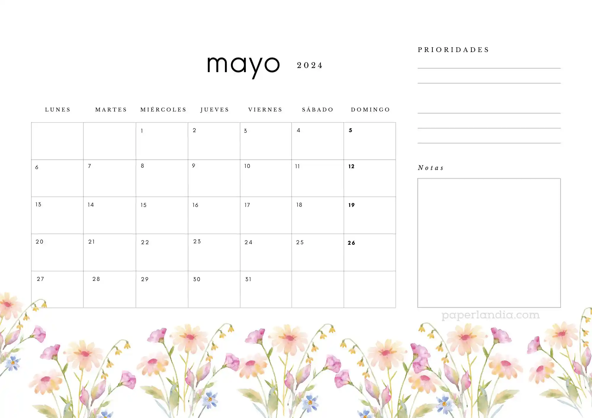 Calendario mayo 2024 horizontal con prioridades notas y flores de campo
