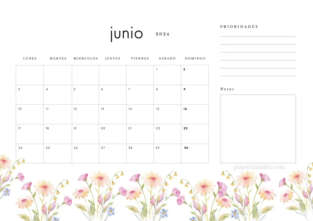 Calendario 2024 horizontal con prioridades, notas y flores de campo (mes 1)