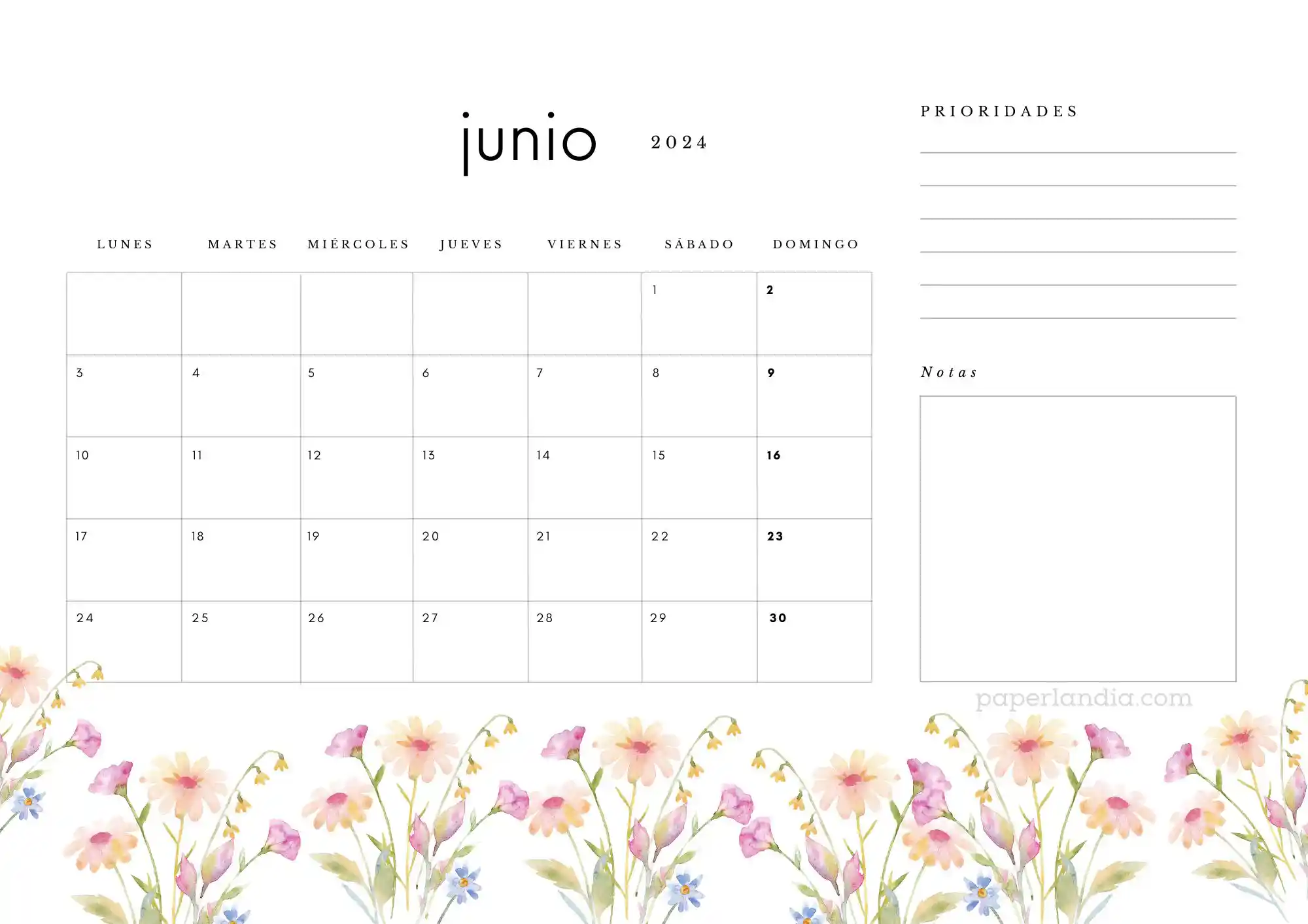 Calendario junio 2024 horizontal con prioridades notas y flores de campo