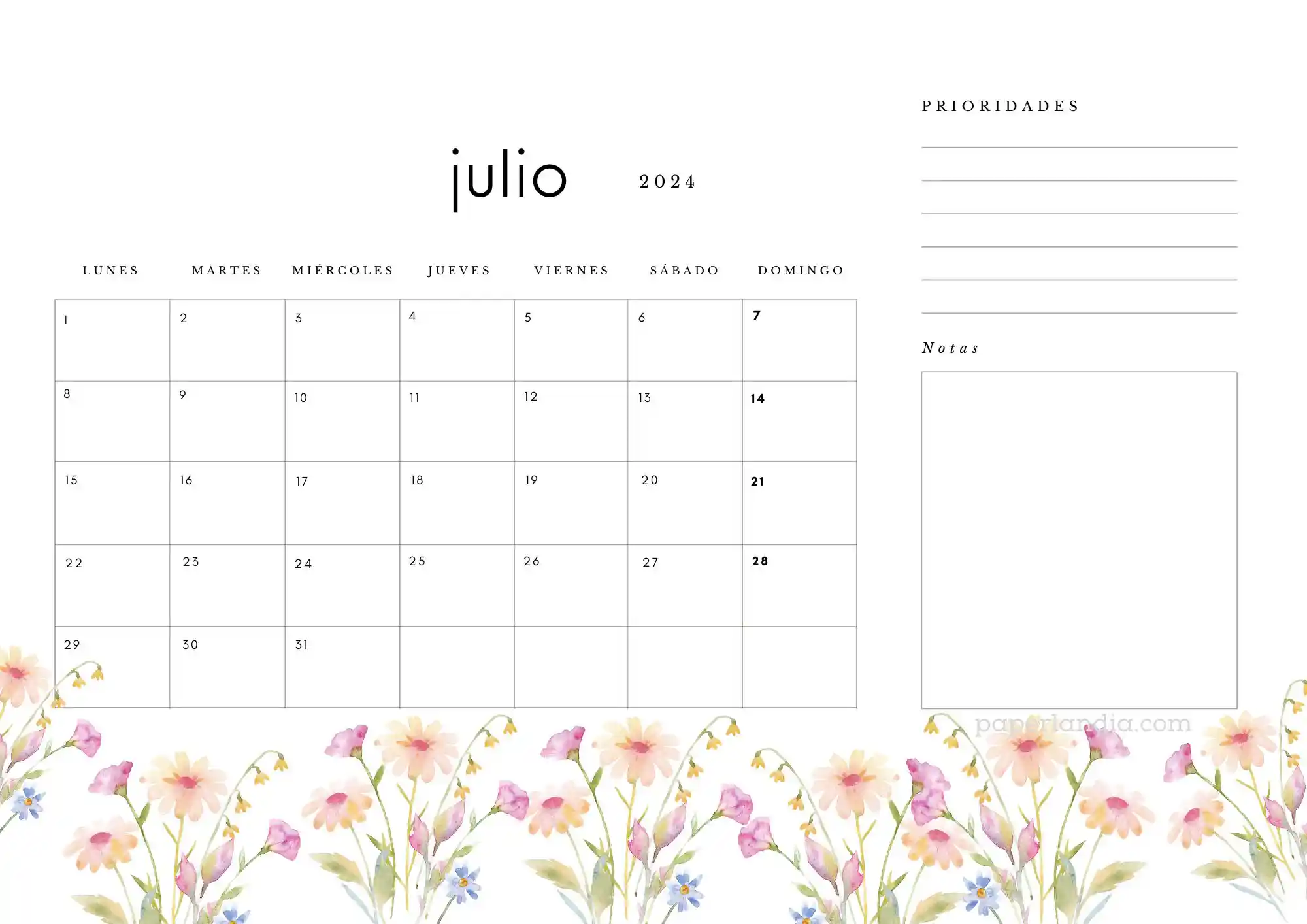 Calendario julio 2024 horizontal con prioridades notas y flores de campo
