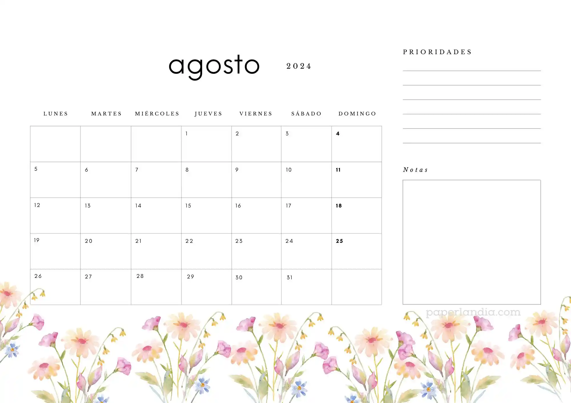 Calendario agosto 2024 horizontal con prioridades notas y flores de campo