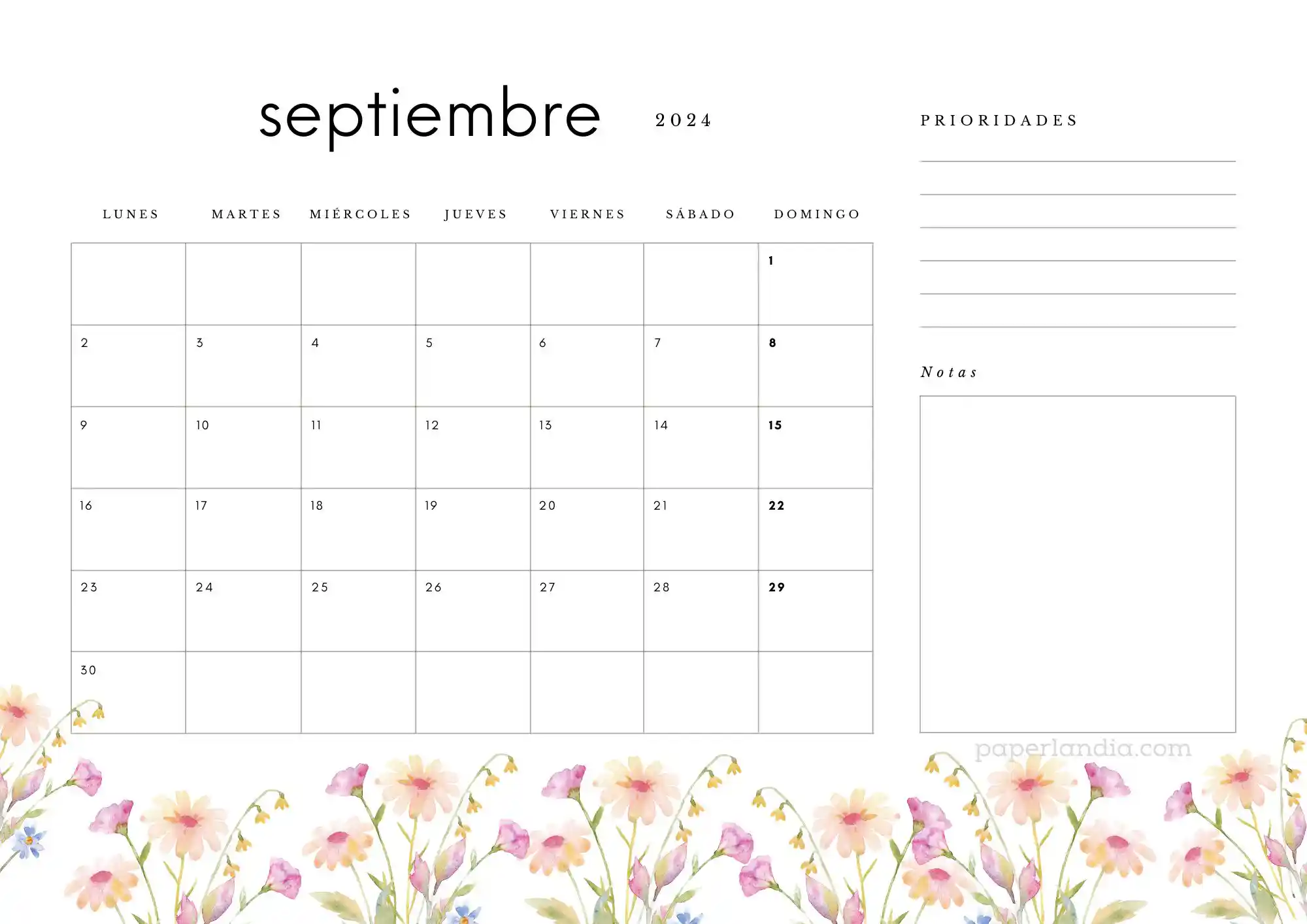Calendario septiembre 2024 horizontal con prioridades notas y flores de campo