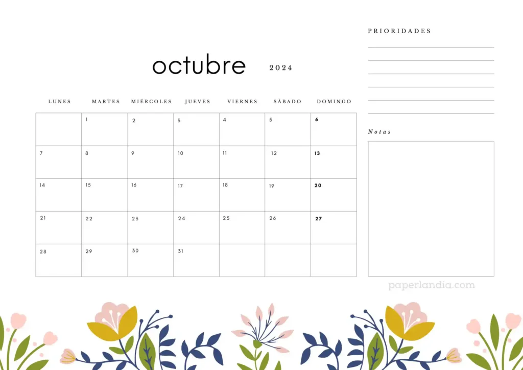Calendario mensual 2024 con notas y flores escandinavas