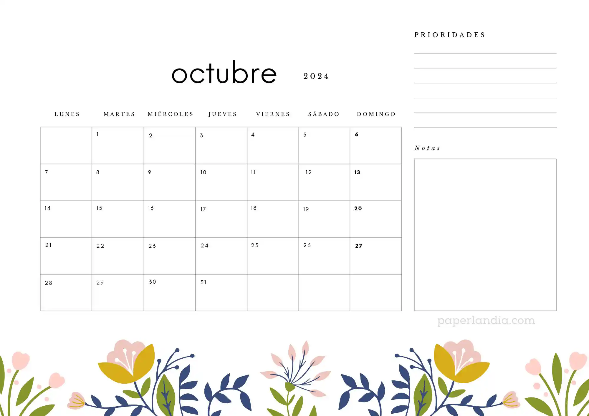 Calendario octubre 2024 horizontal con prioridades notas y flores escandinavas