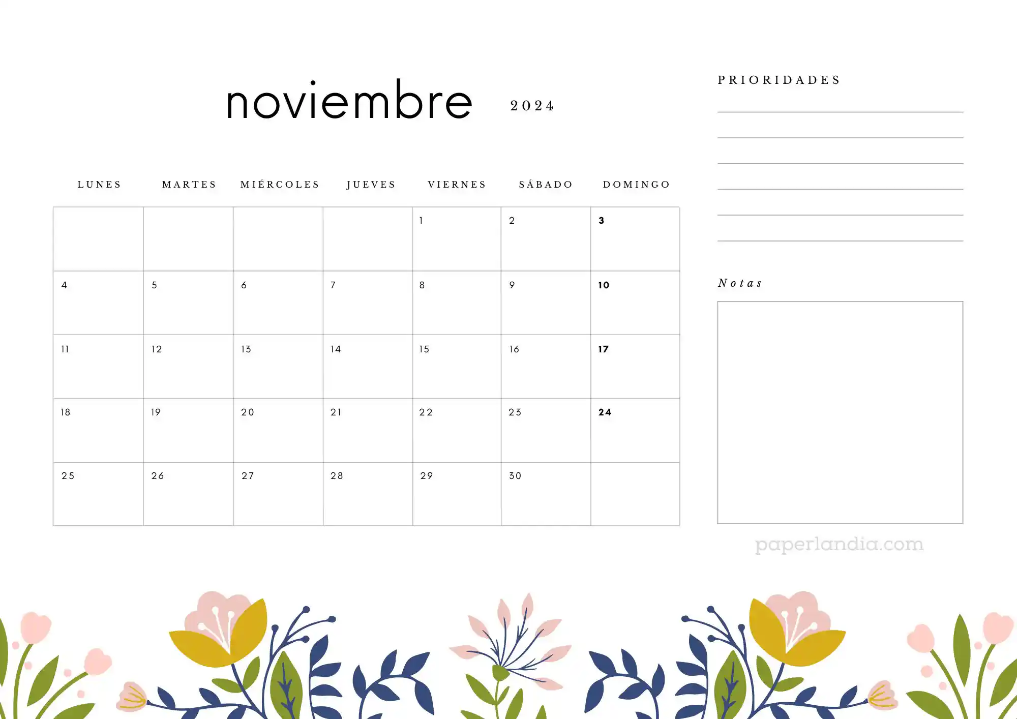 Calendario noviembre 2024 horizontal con prioridades notas y flores escandinavas
