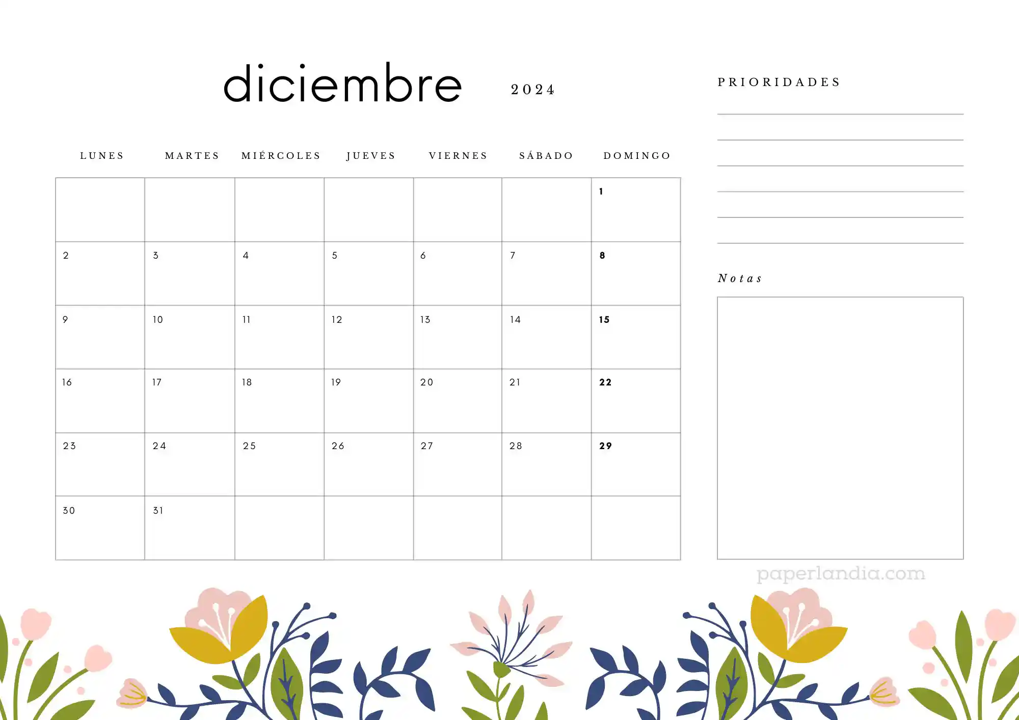 Calendario diciembre 2024 horizontal con prioridades notas y flores escandinavas