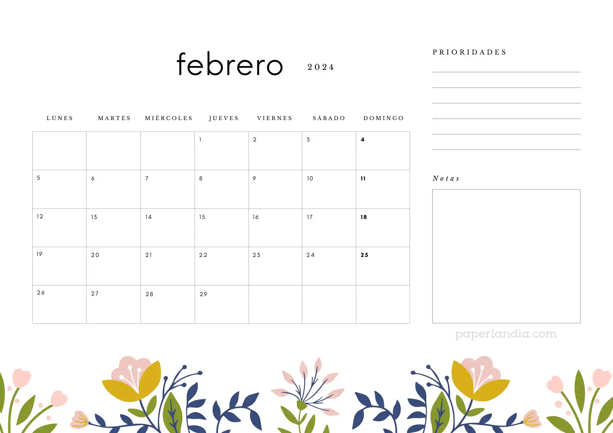 Calendario febrero 2024 horizontal con prioridades notas y flores escandinavas