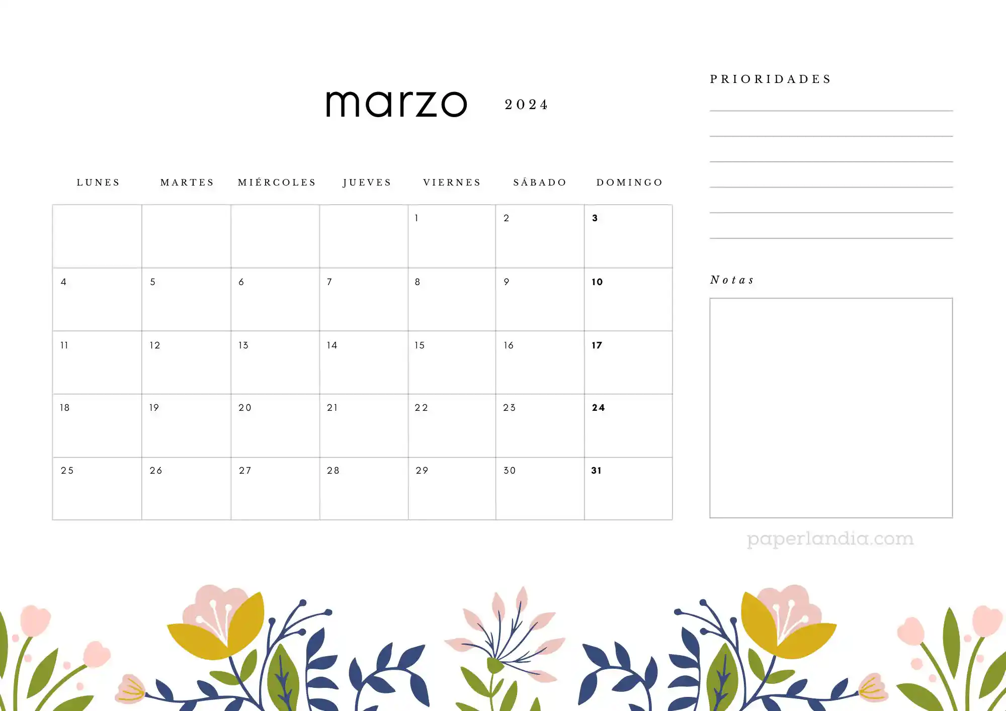 Calendario marzo 2024 horizontal con prioridades notas y flores escandinavas