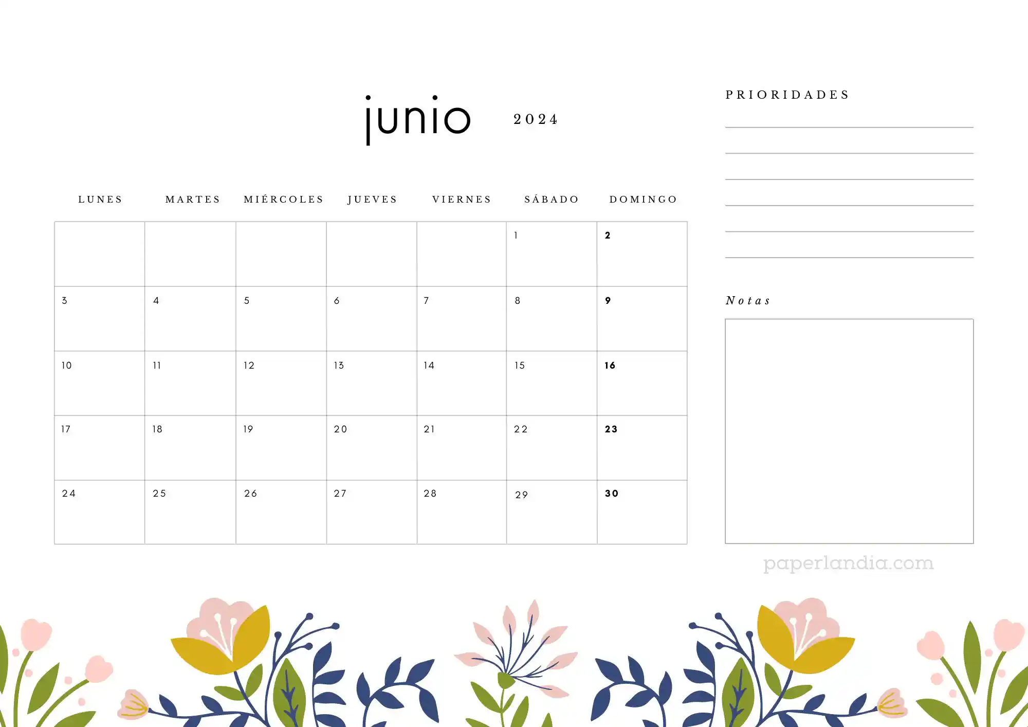Calendario junio 2024 horizontal con prioridades notas y flores escandinavas