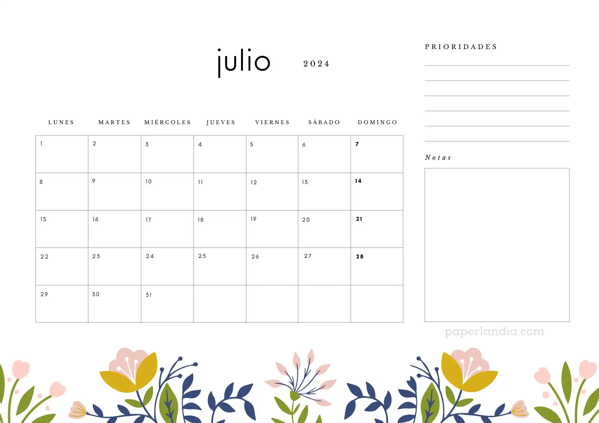 Calendario julio 2024 horizontal con prioridades notas y flores escandinavas