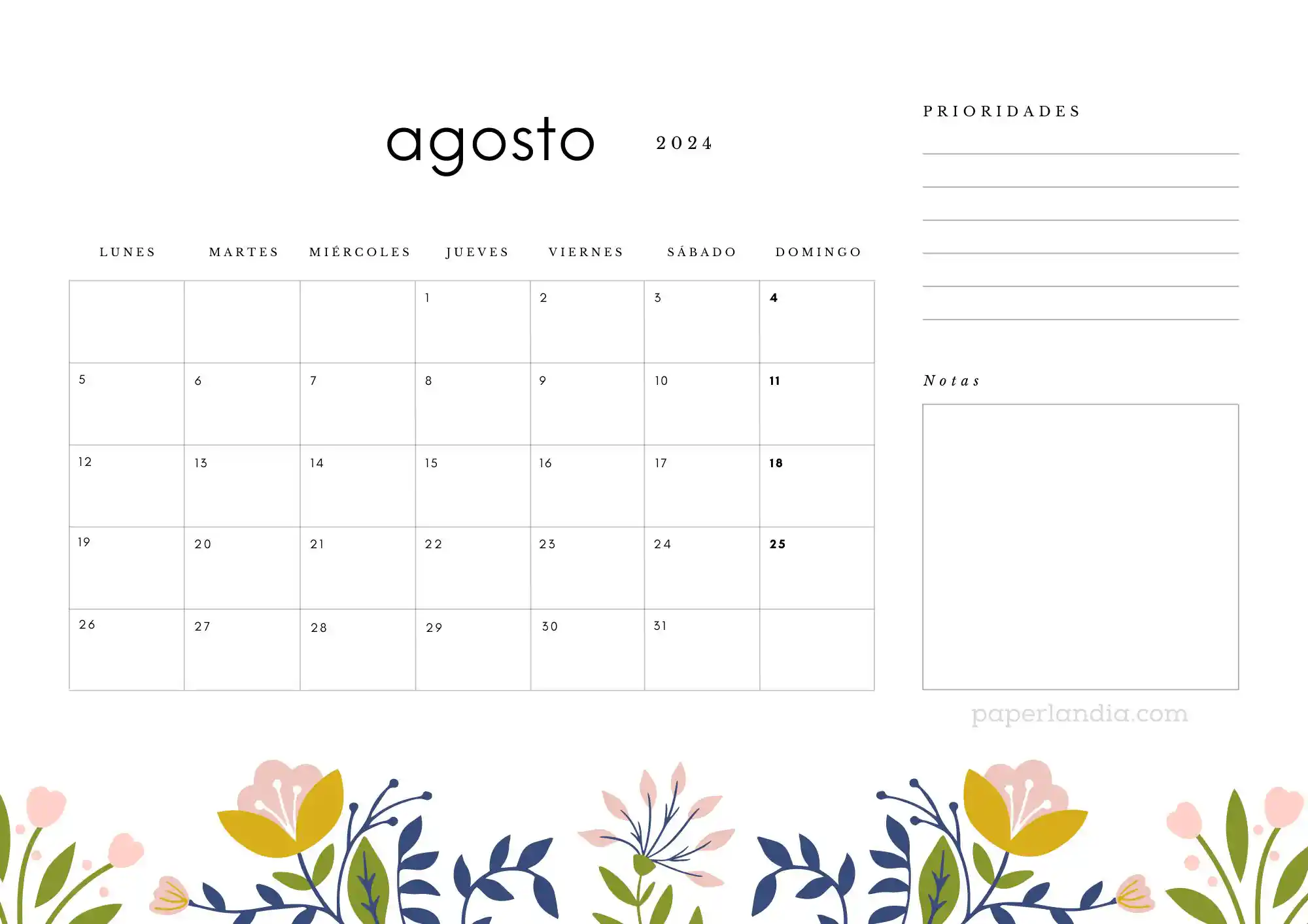 Calendario agosto 2024 horizontal con prioridades notas y flores escandinavas