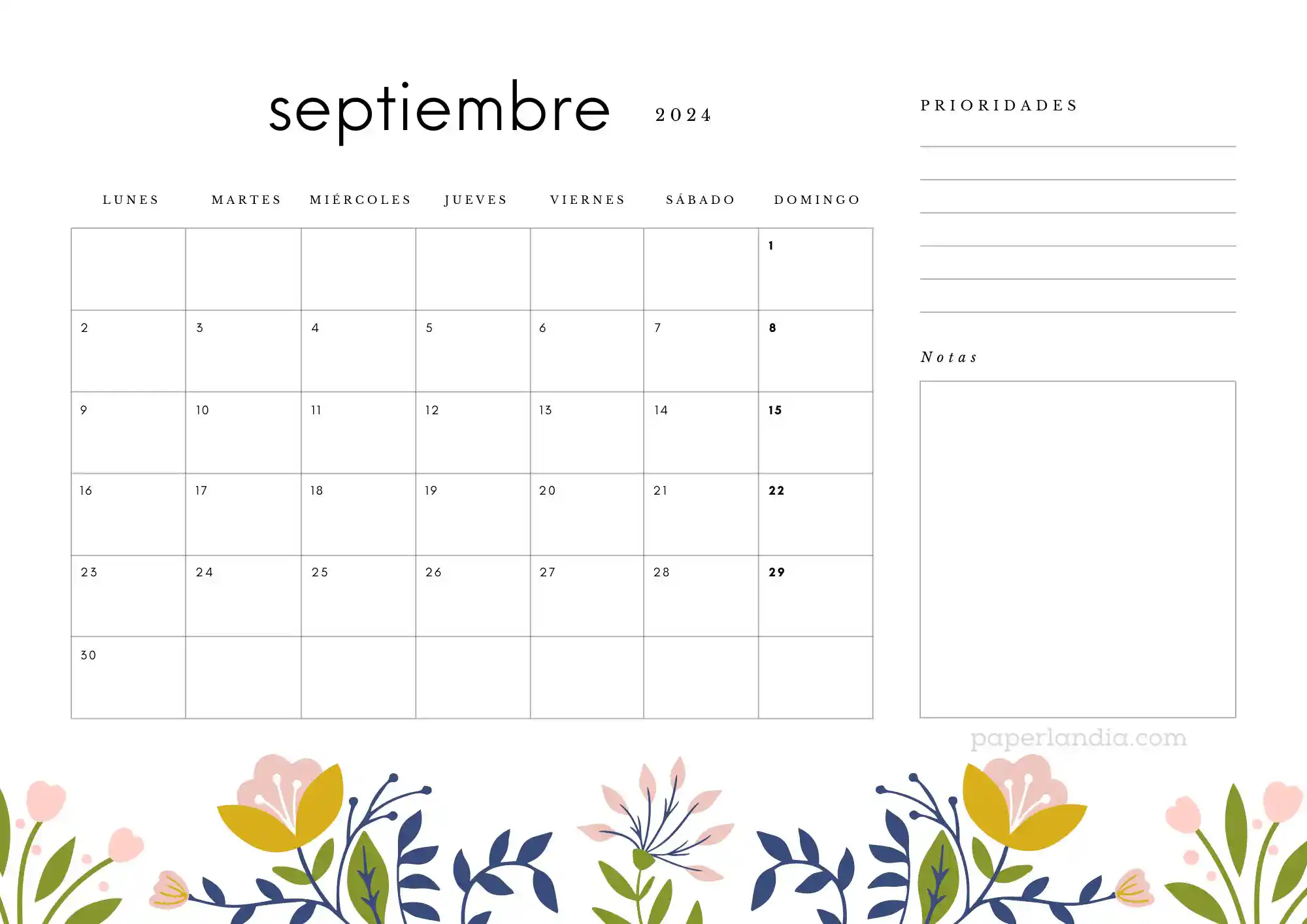 Calendario septiembre 2024 horizontal con prioridades notas y flores escandinavas