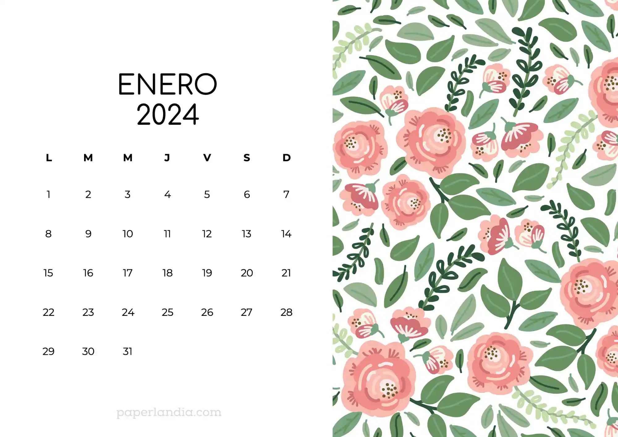 Calendario enero 2024 horizontal con rosas fondo blanco