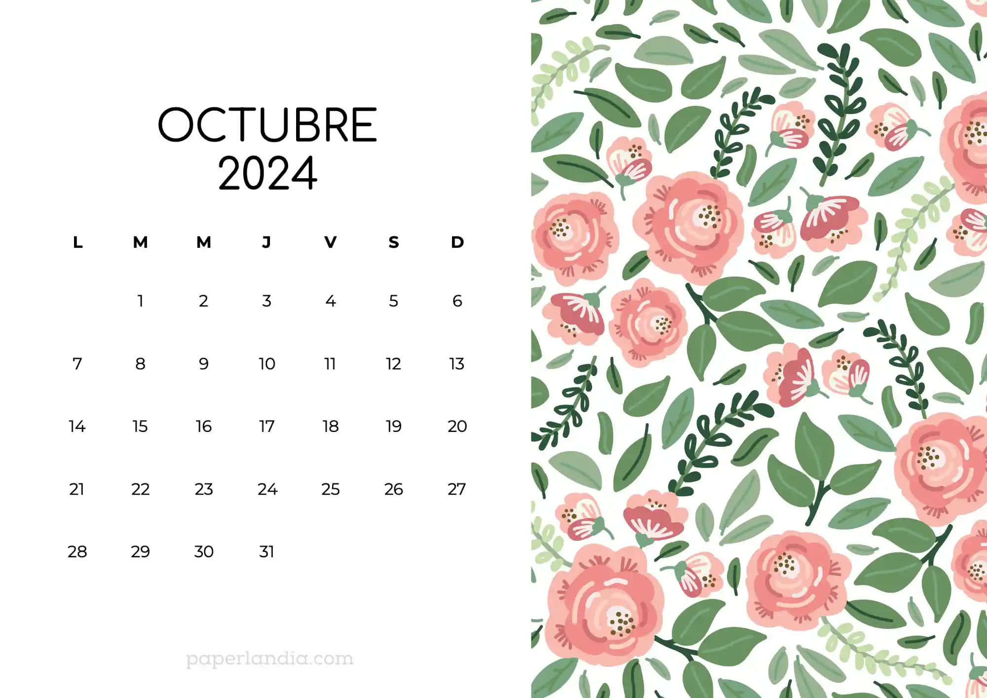 Calendario octubre 2024 horizontal con rosas fondo blanco