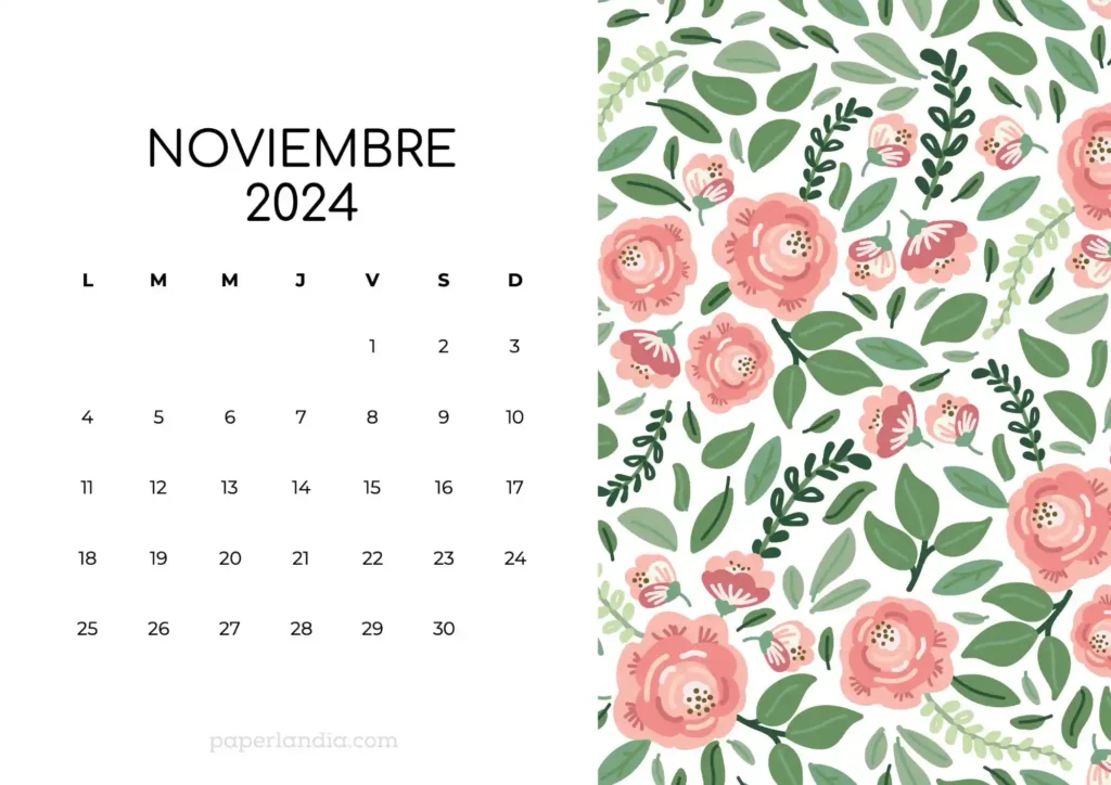 Calendario 2024 horizontal con rosas (fondo blanco, mes 1)
