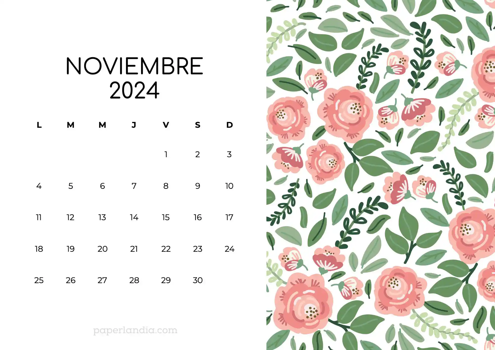 Calendario noviembre 2024 horizontal con rosas fondo blanco