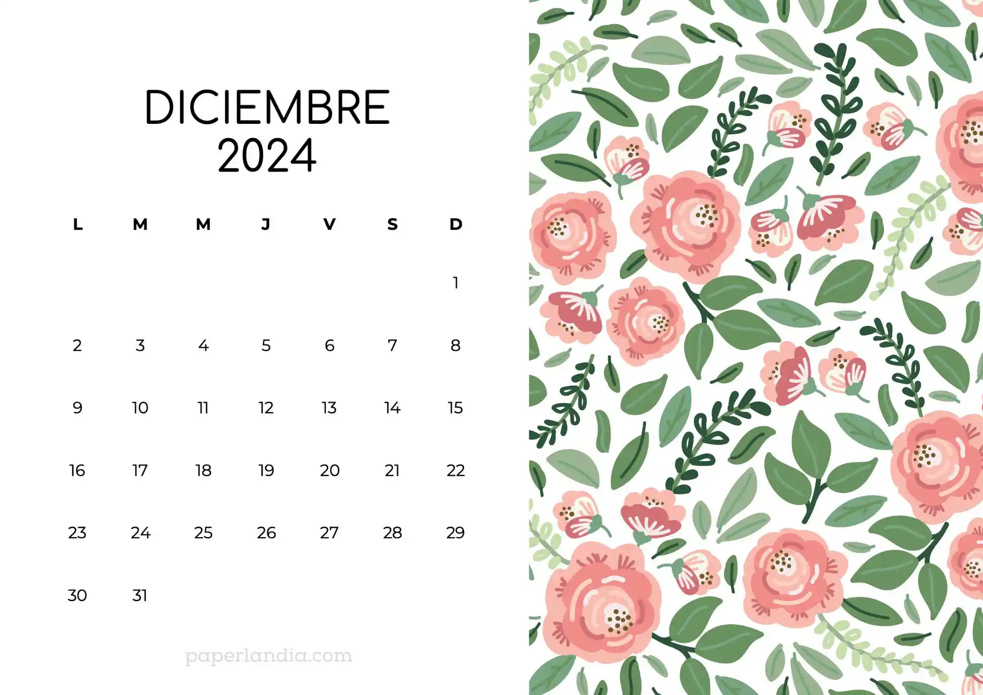 Calendario diciembre 2024 horizontal con rosas fondo blanco