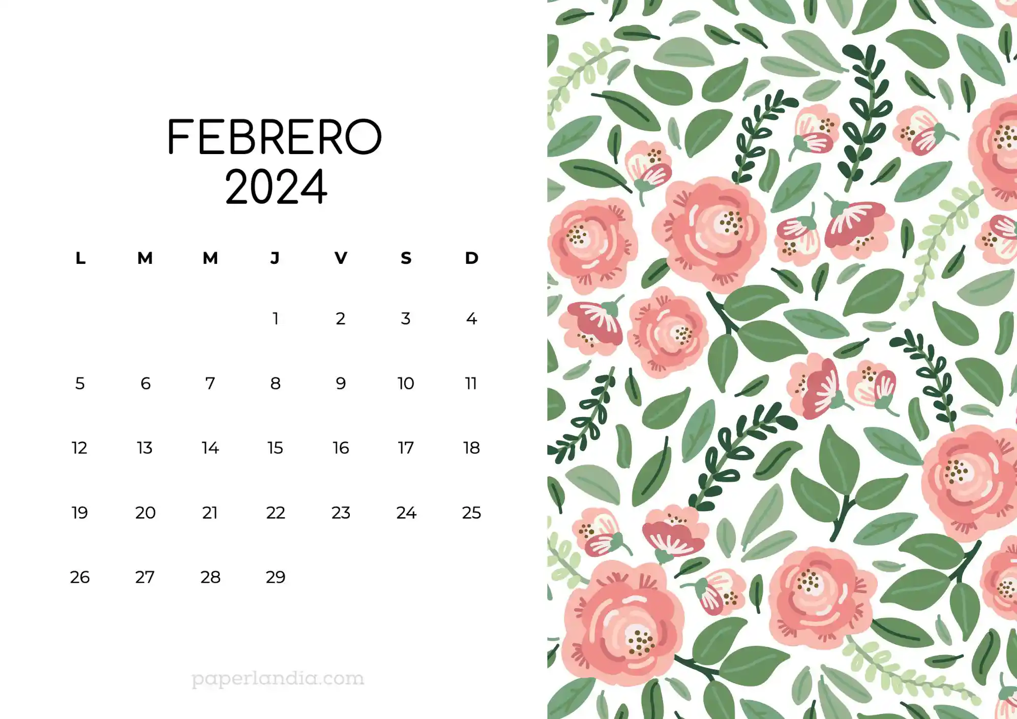Calendario febrero 2024 horizontal con rosas fondo blanco