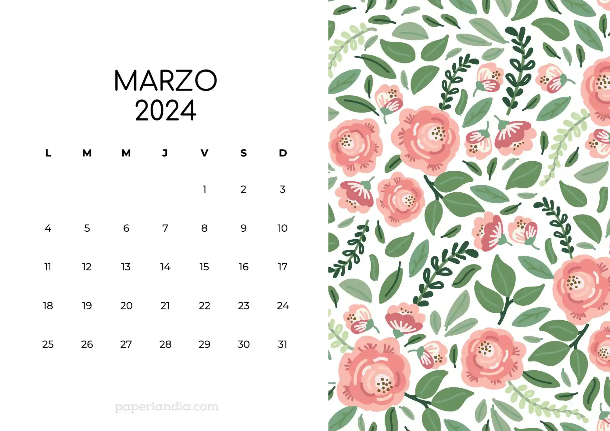 Calendario marzo 2024 horizontal con rosas fondo blanco