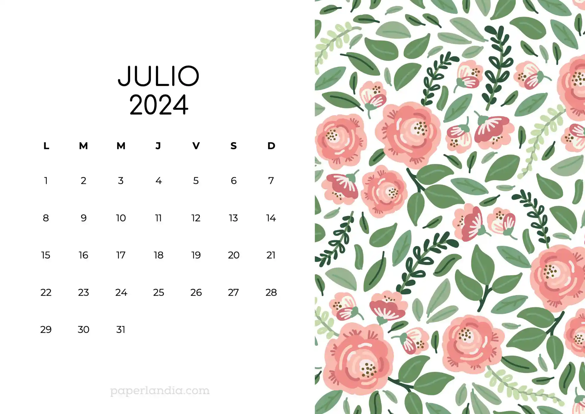 Calendario julio 2024 horizontal con rosas fondo blanco