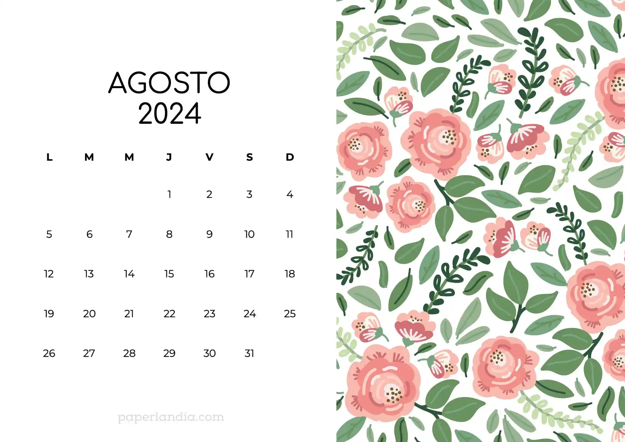 Calendario agosto 2024 horizontal con rosas fondo blanco