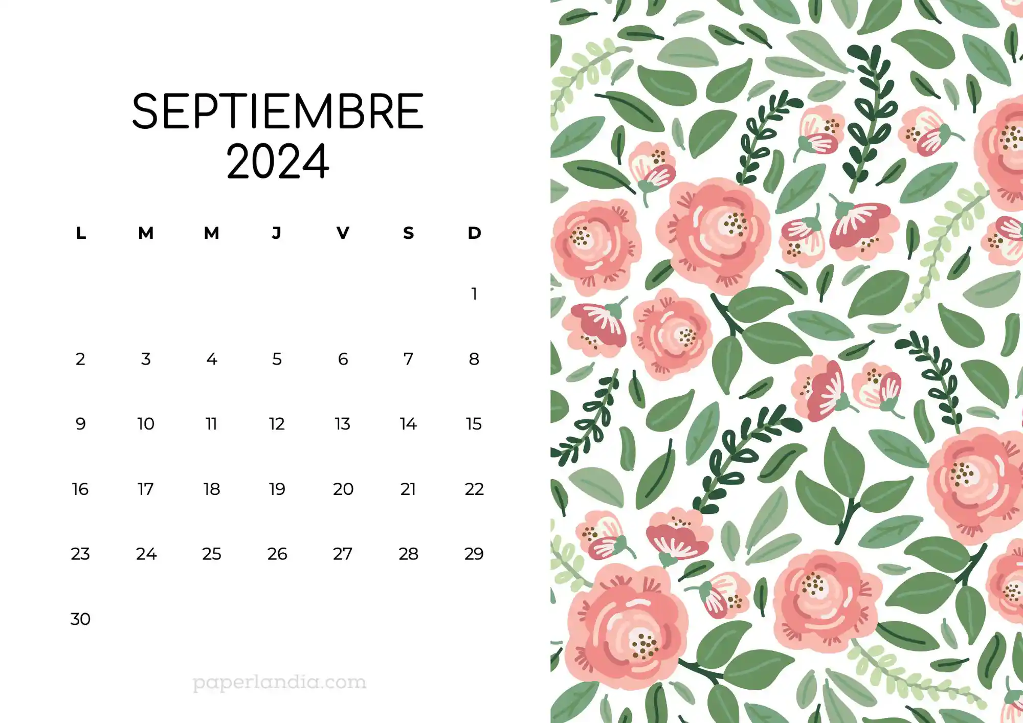 Calendario septiembre 2024 horizontal con rosas fondo blanco