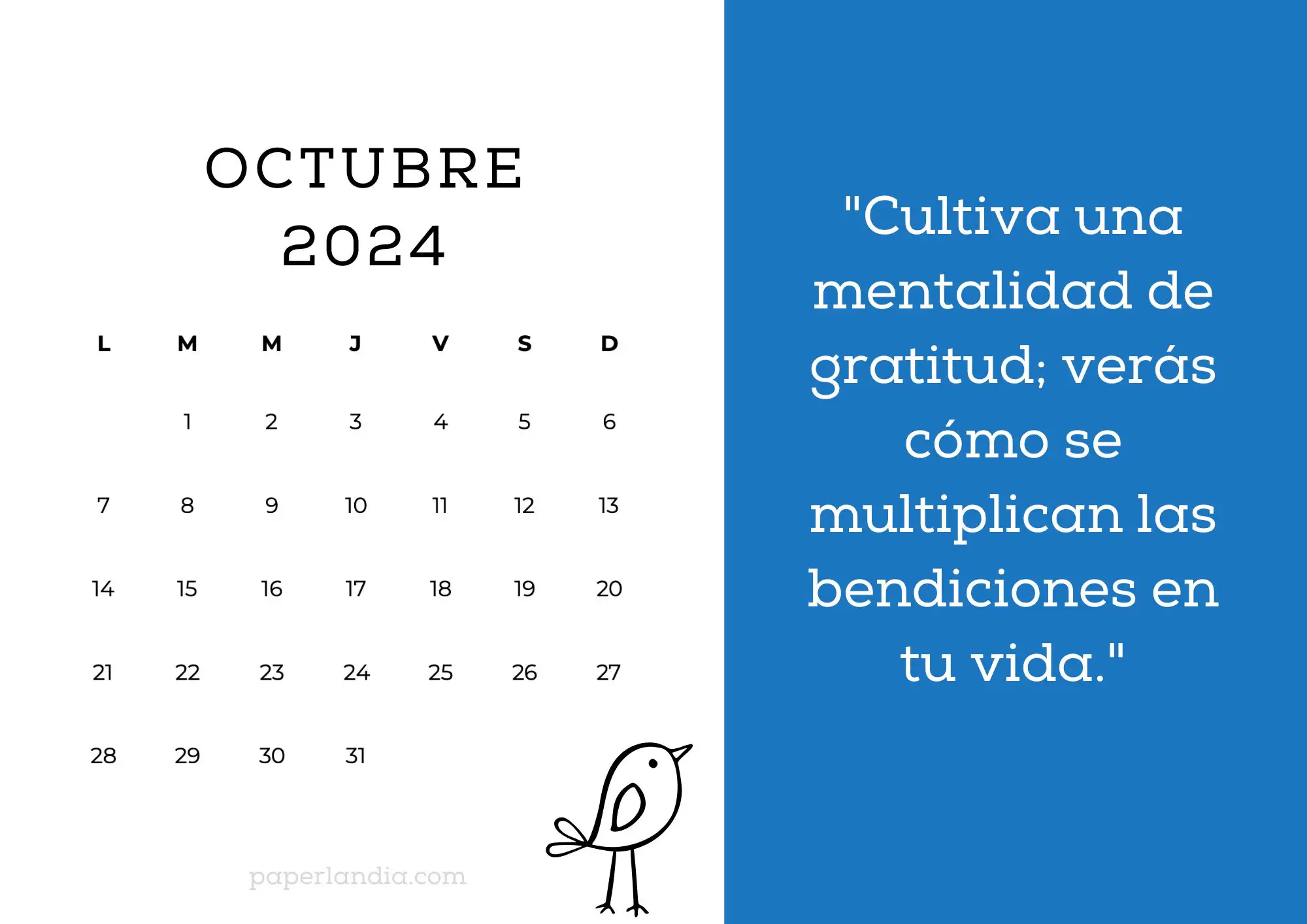 Calendario octubre 2024 horizontal motivacional fondo azul