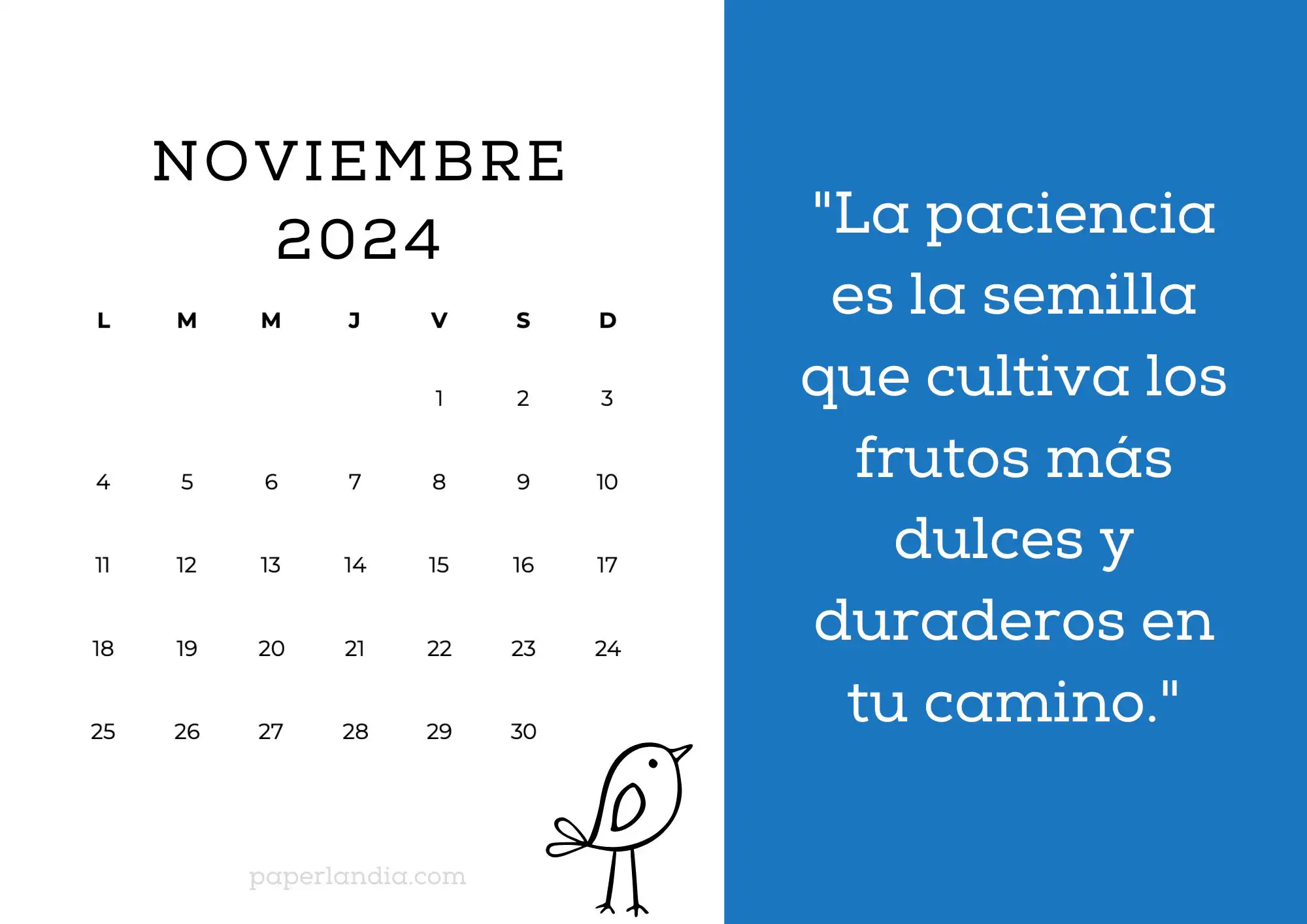Calendario noviembre 2024 horizontal motivacional fondo azul