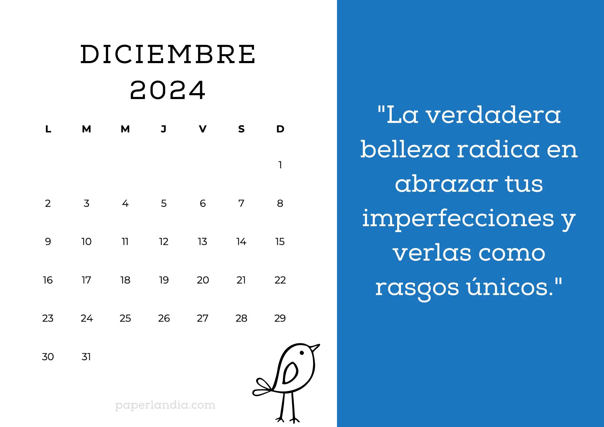 Calendario diciembre 2024 horizontal motivacional fondo azul